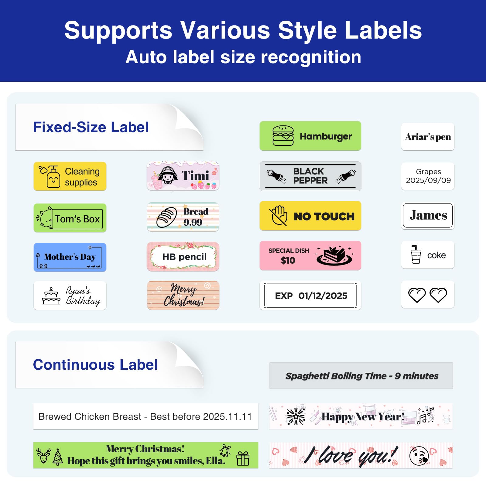 SUPVAN E11 Bluetooth Label Maker Machine with Tape, Support Keyboard & App with 30+ Fonts and 660+ Icons, Rechargeable Inkless Labeler for Home, Kitchen, Office, School, Organization, Black