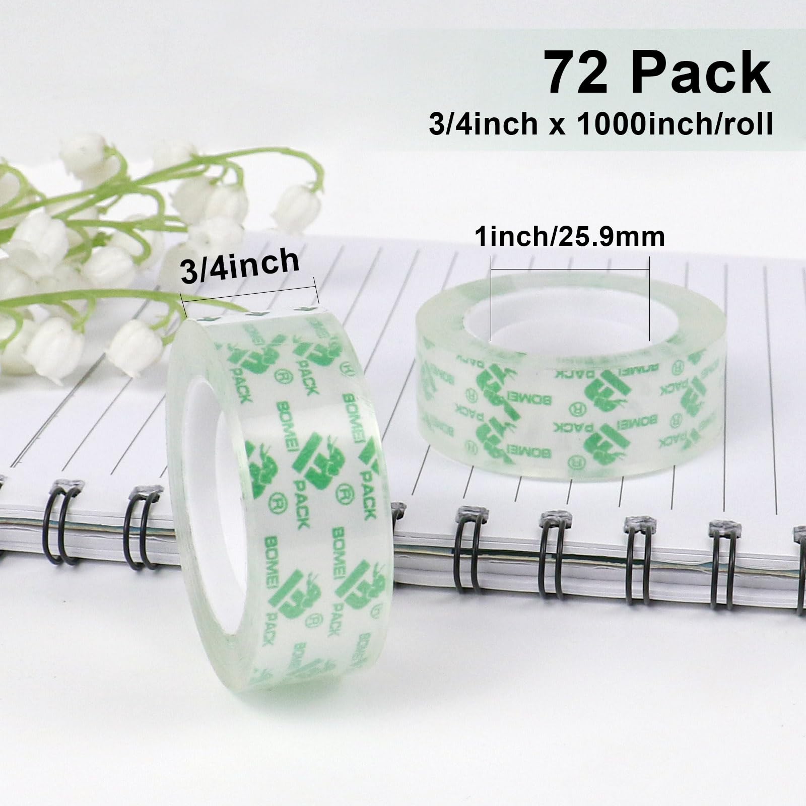 BOMEI PACK 72Rolls Crystal Clear Tape Refills, Bulk Transparent Tape for Dispenser, Office Tape for Home and School, 3/4Inch x 1000 inch