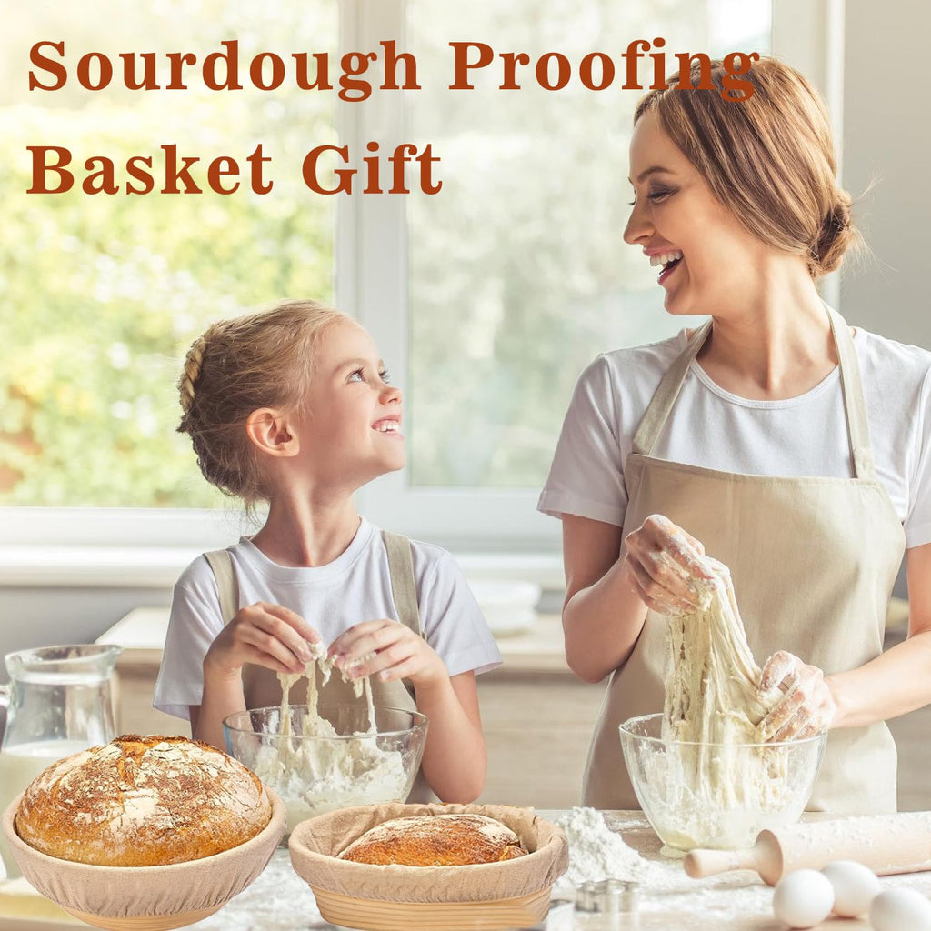 Bread Proofing Basket Set, 9" Round and 10" Oval Banneton Proofing Basket with Linen Liner Cloth, Danish Dough Whisk, Bread Scoring Lame,Stainless Steel Dough Scraper (9 inch Round & 10 inch Oval Set)