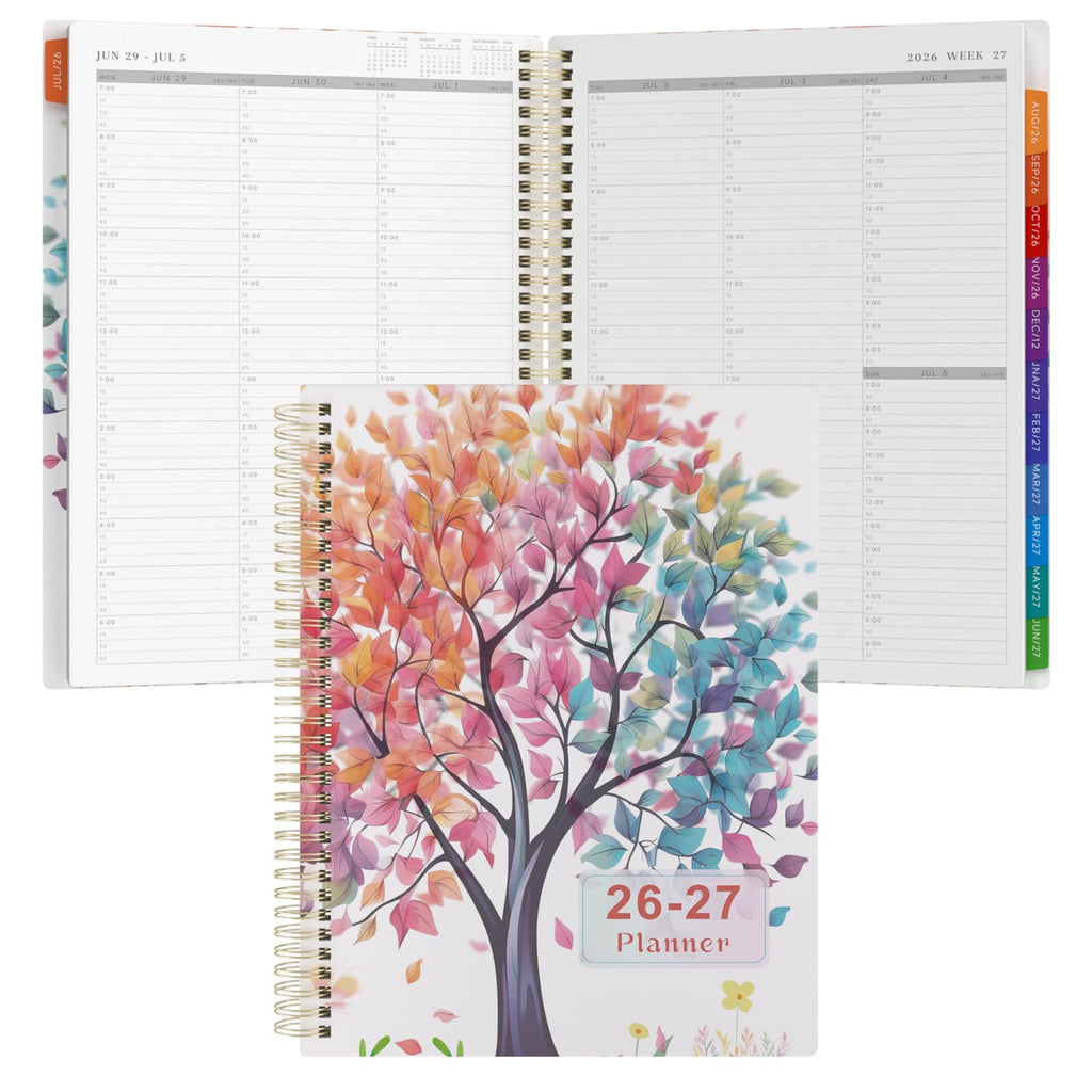 2026-2027 Appointment Book Weekly Quarter-Hourly, July 2026 - June 2027 Agenda 2026-2027 Academic Planner with Colorful Tabs, 8.5"x11", Spiral Binding, Hardcover, Note Pages, Pockets