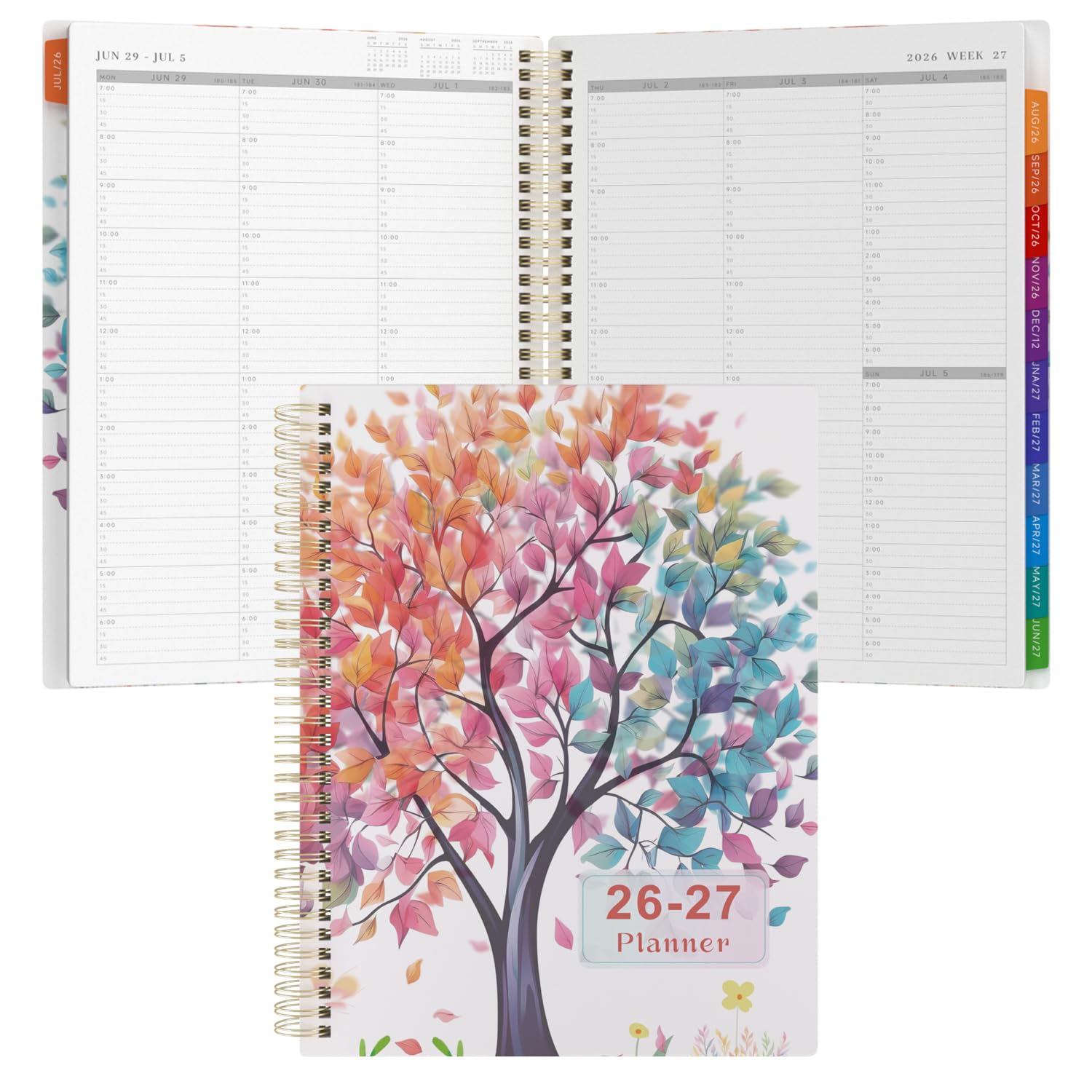 2026-2027 Appointment Book Weekly Quarter-Hourly, July 2026 - June 2027 Agenda 2026-2027 Academic Planner with Colorful Tabs, 8.5"x11", Spiral Binding, Hardcover, Note Pages, Pockets