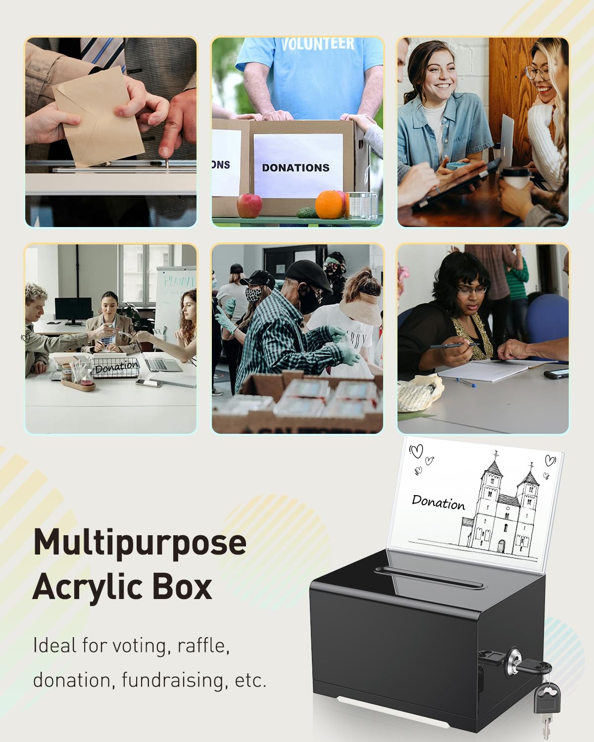 Uniclife Black Acrylic Fundraiser Dispenser Box, 15.7 x 12 x 10.2 cm, Suggestion Box with Slot and Lock, Plastic Polling Boxes with Board Holder, Storage Box for