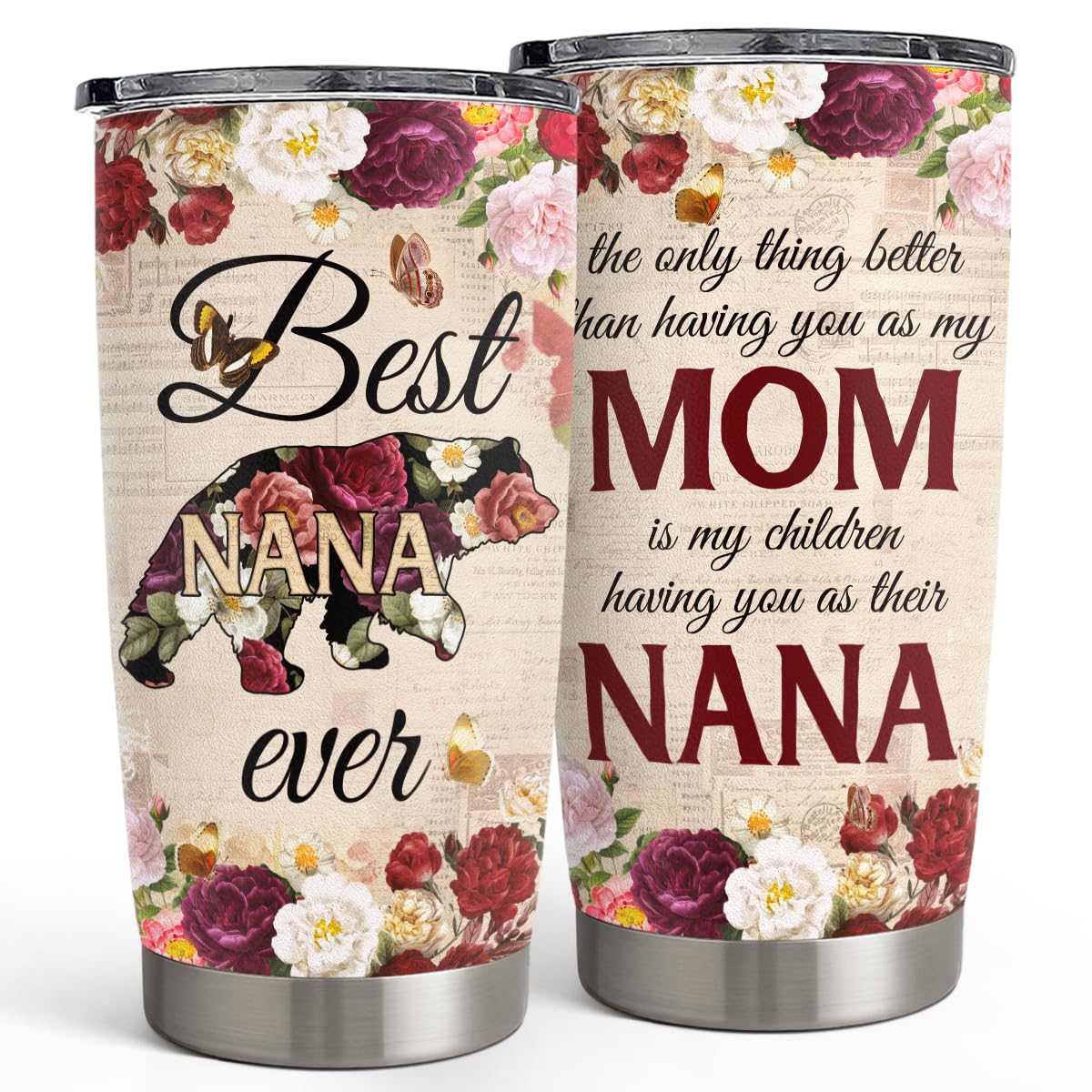 SANDJEST Best Nana Ever Tumbler Gift for Grandmas from Grandkids - 20oz Floral Insulated Stainless Steel Travel Mug Granny Christmas, Birthday, Mother's Day Gifts for Nana, Gigi from Grandchildren