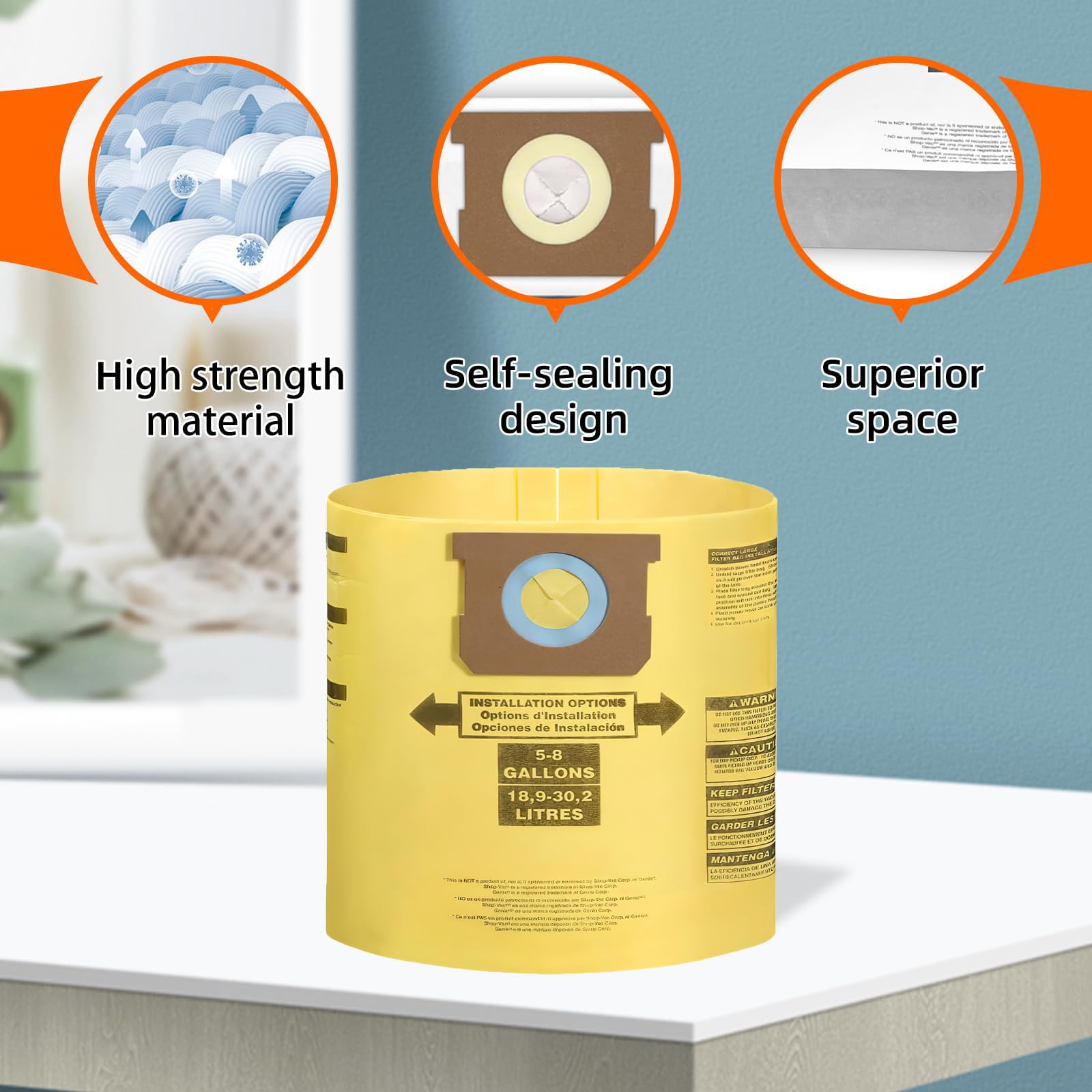 12 Pack Vacuum Filter Bags for Shop Vac 5-8 Gallon Type E/Type H, Canister Vacuum Cleaner Dust Bags for Shop Vac Replace Part 90661 9066100 90671 9067100 Yellow