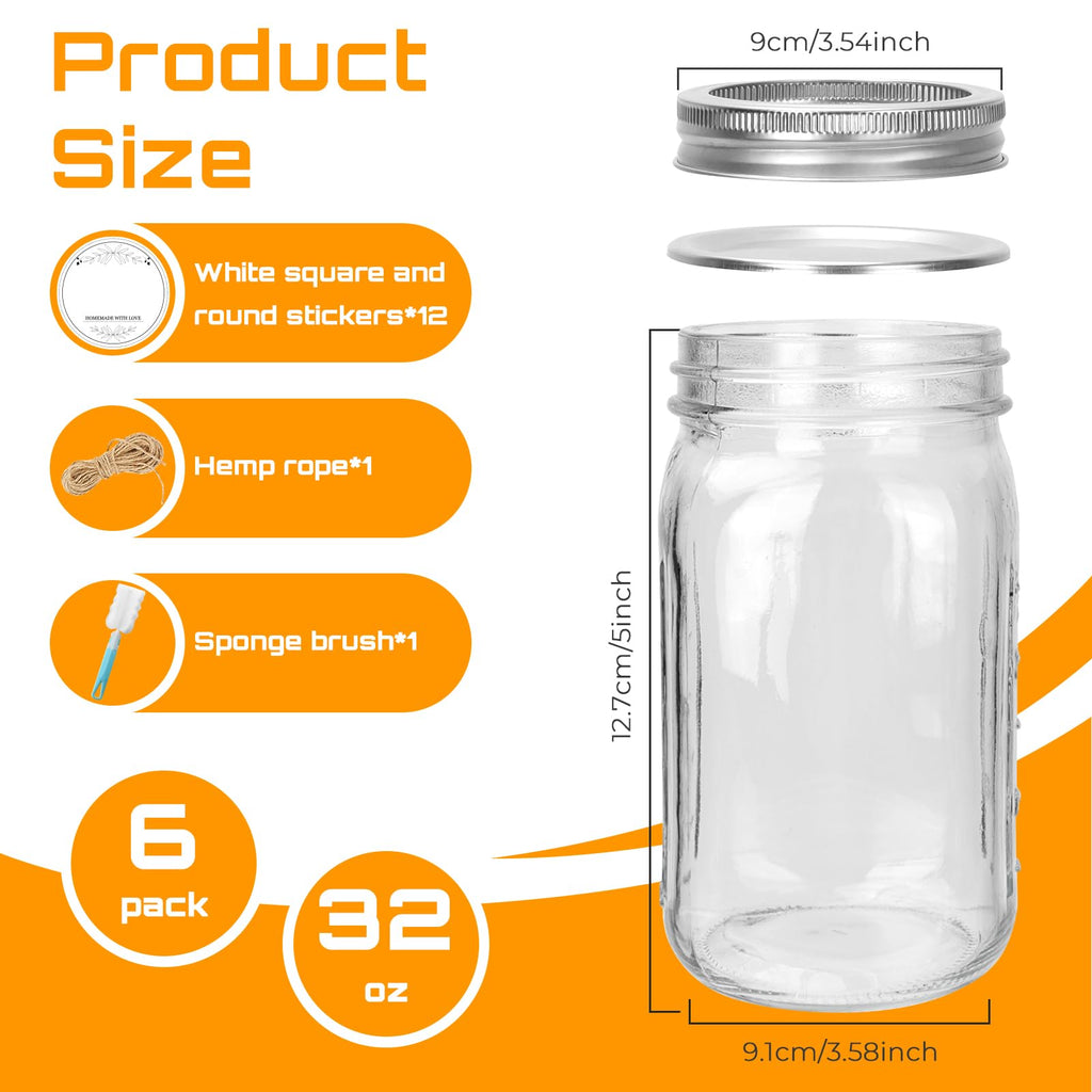 Wide Mouth Mason Jars 32 oz with Lids 6 Pack,Clear Glass Jars for food Storage, Canning, Pickling, Dry Goods,Snacks, Candies