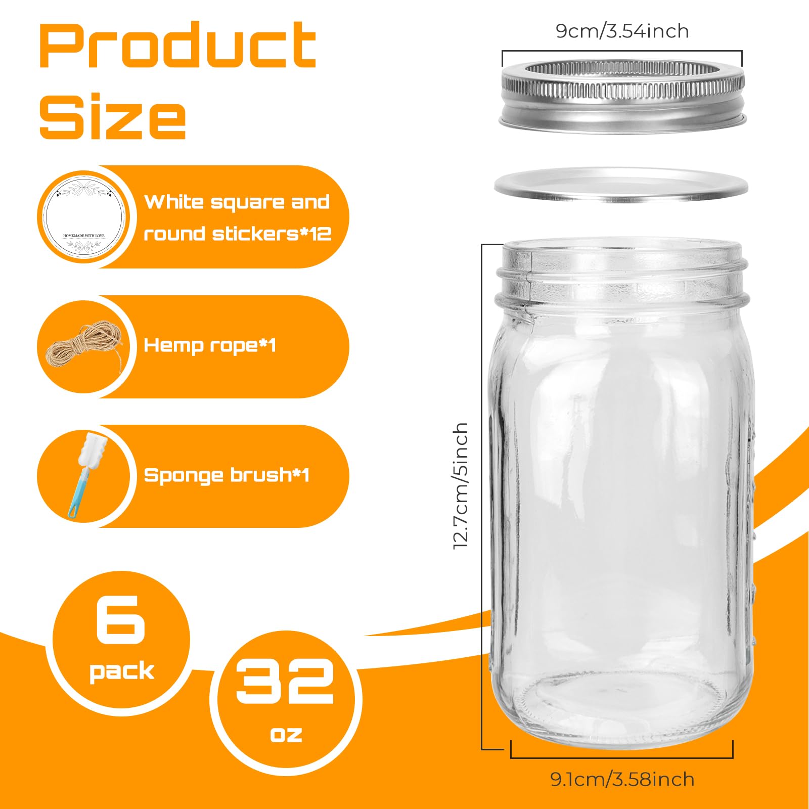 Wide Mouth Mason Jars 32 oz with Lids 6 Pack,Clear Glass Jars for food Storage, Canning, Pickling, Dry Goods,Snacks, Candies