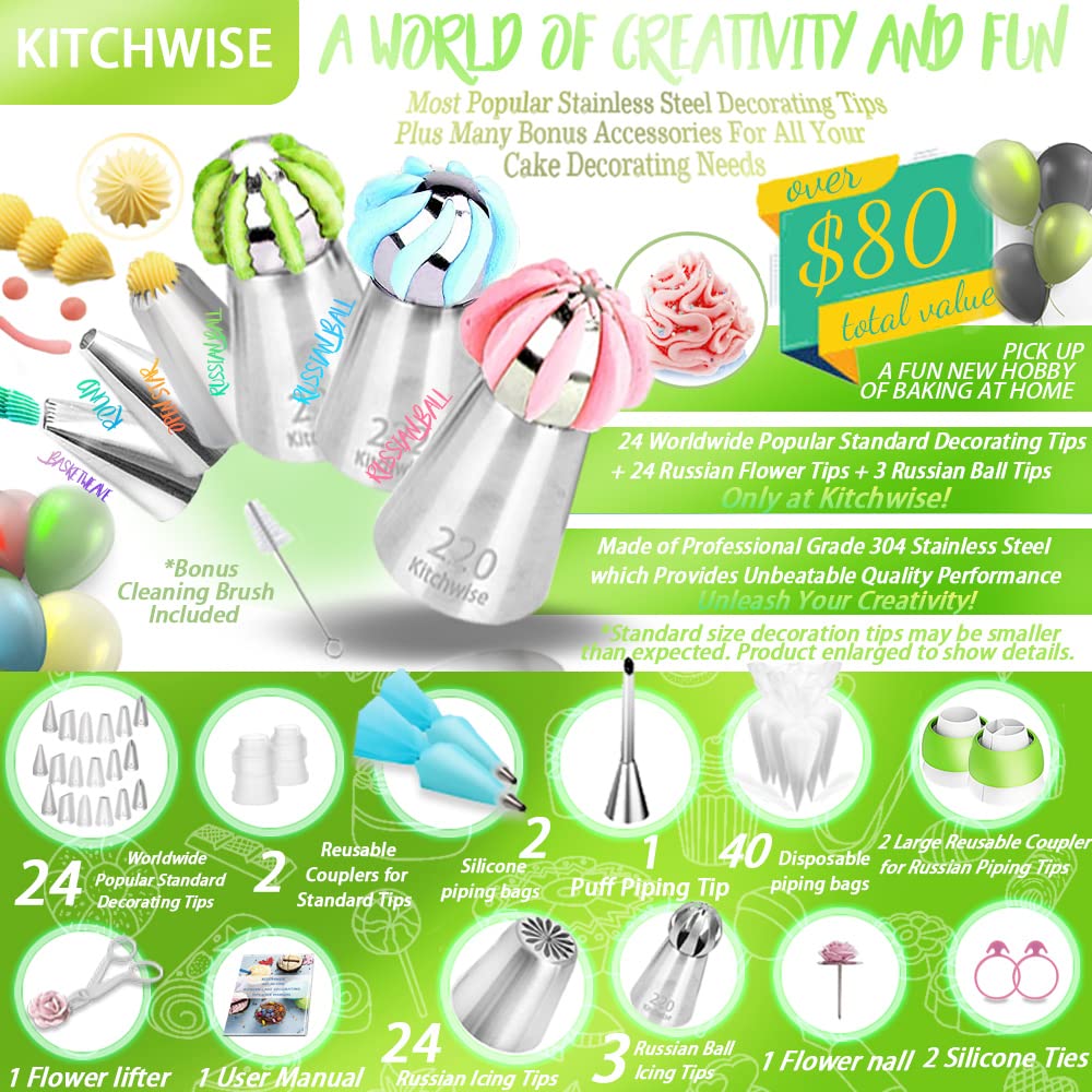 Russian Piping Tips - 100 Piece Cake Decorating Supplies - Baking Supplies Set Cupcake Flower Decorating Kit with 3 Russian Ball Tips