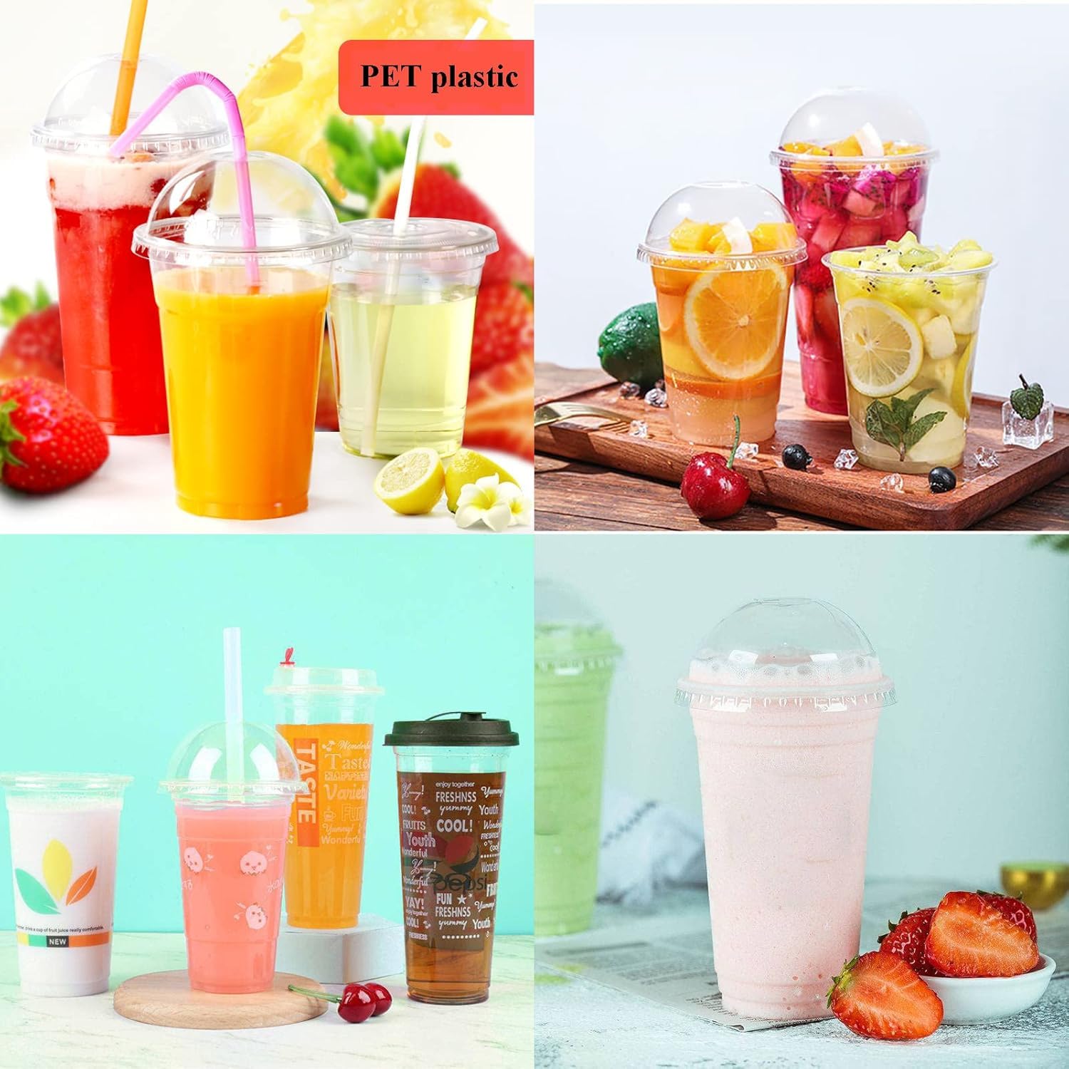 Okllen 100 Pcs 24 Oz Plastic PET Cups with Dome Lids, Disposable Clear Cold Drinking Cups Coffee Cups for Party, Plastic to Go Drinking Cup for Beverages, Smoothie, Milkshakes, Ice Cream, No Straw