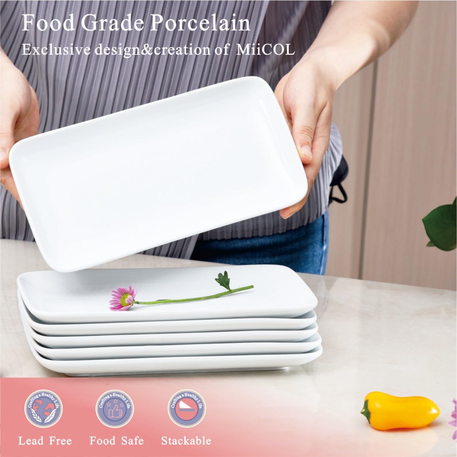 Miicol Small Platters Set of 6, Ceramic Rectangle Plates 9 Inch / 23 cm, Modern Sushi Plate Set, White Serving Dishes for Serving Food, Appetizer, Dessert, Dinner, Party