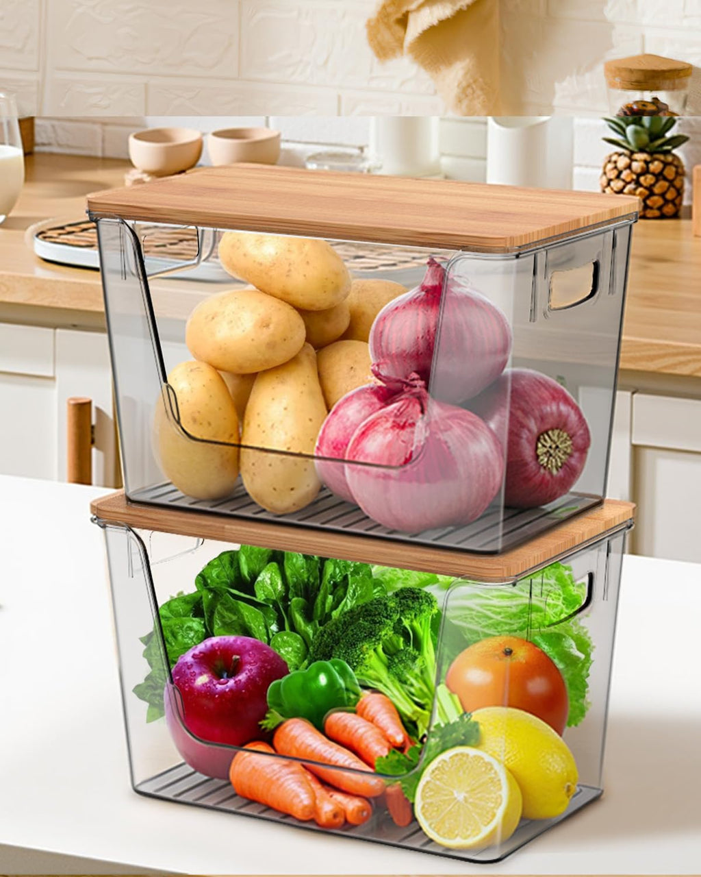 2 Pack Potato and Onion Storage Bin, Stackable Clear Fruit and Vegetable Storage, Acrylic Pantry Organizers and Storage with Bamboo Lid for Potato Onion Produce Vegetable Storage (Clear, XL-2 PACK)