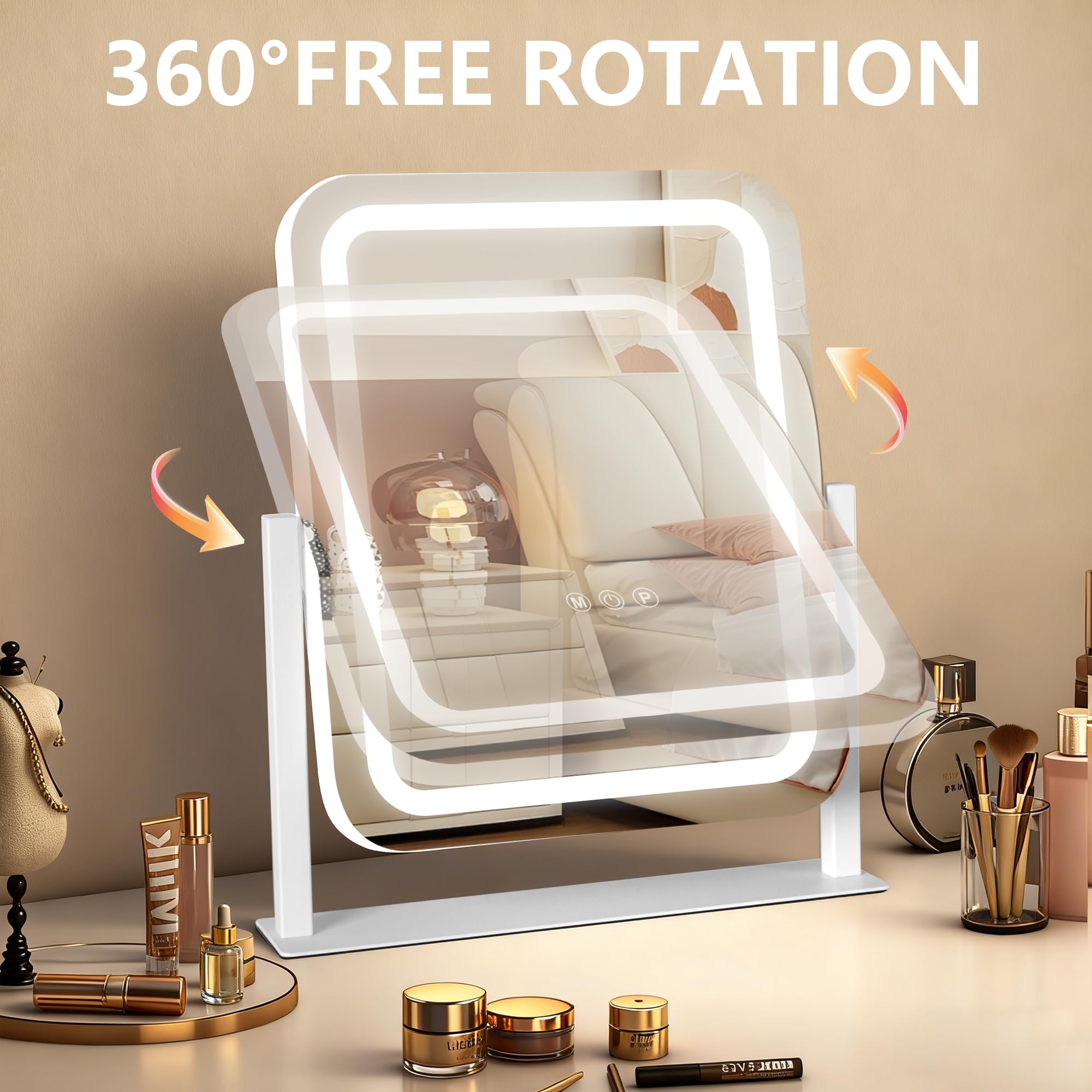 Ratsamee 13" x 15" Vanity Mirror with Lights, Led Makeup Mirror, Lighted Makeup Mirror with 3 Color Dimmable Lights, Smart Touch Screen Control, Smart Touch Screen Control, 360°Rotation