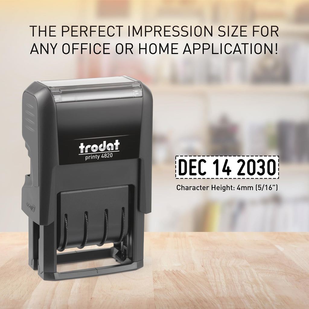 Trodat 4820 Printy 4.0, Self-Inking Date Stamp for Professional, Classroom and Personal Applications, .95 x 3.2cm, an Eco-Friendly and CO2 Compensated date stamper (Black)
