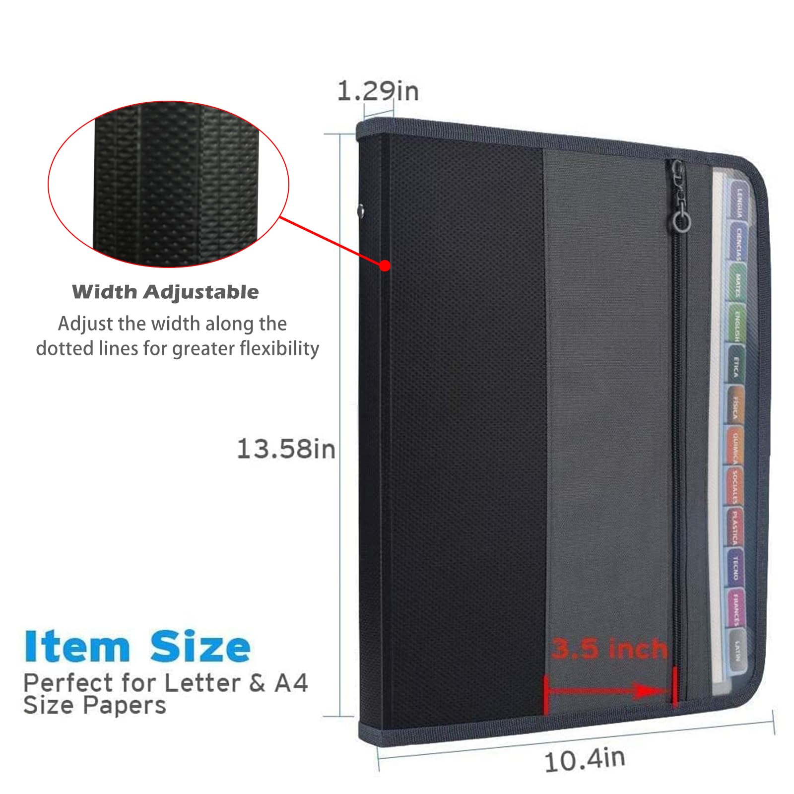 2 Pack A4 Letter Size Accordion File Organizer, 13 Pocket Expanding File Folder with Zipper Closure, Accordion File Folder Document Organizer Expanding Zip File Folder with Sticky Labels, Black