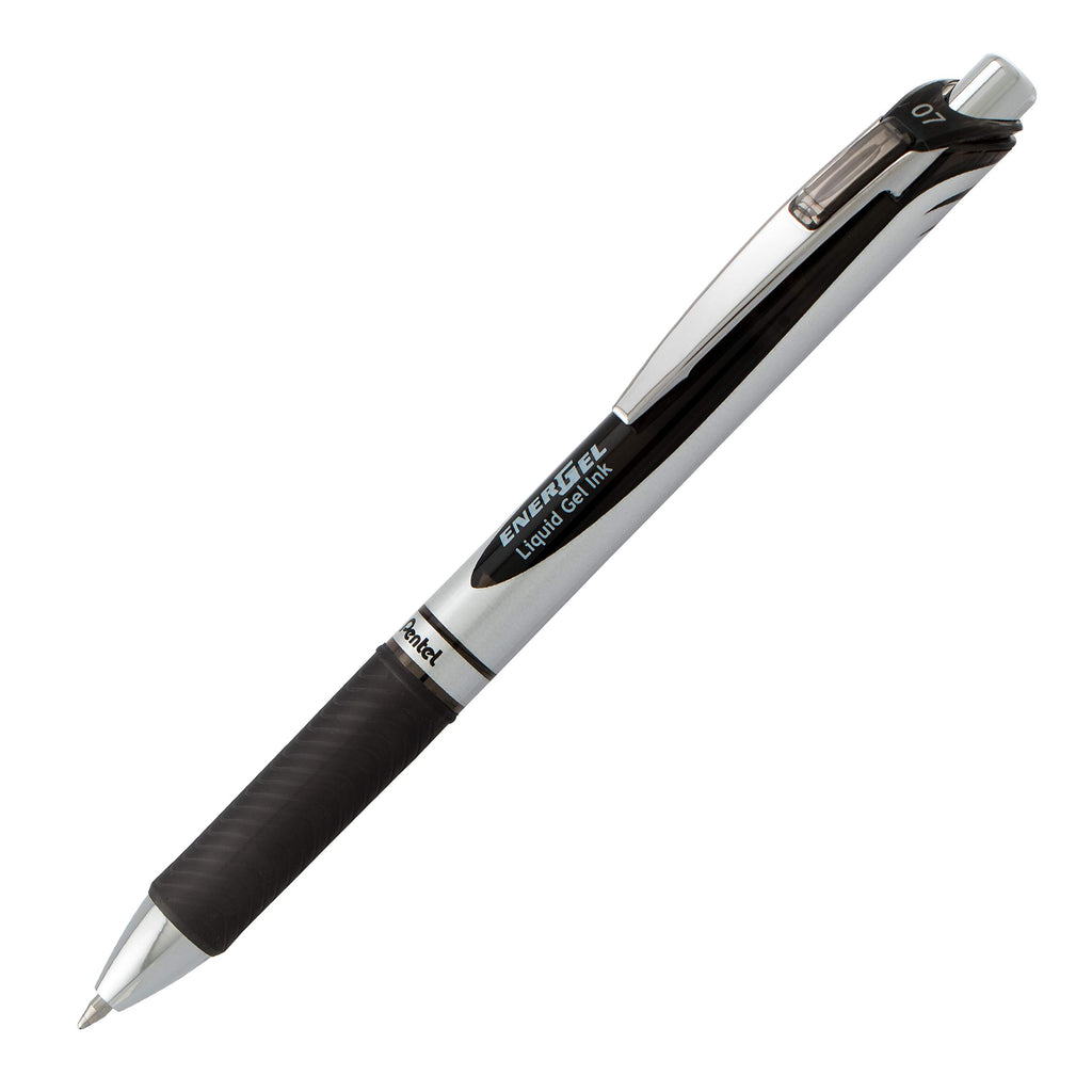 Pentel EnerGel Deluxe RTX Gel Pens, 0.7 mm Metal Tip, Black/Silver Barrel, Black Ink, 12 Each (BL77-A)