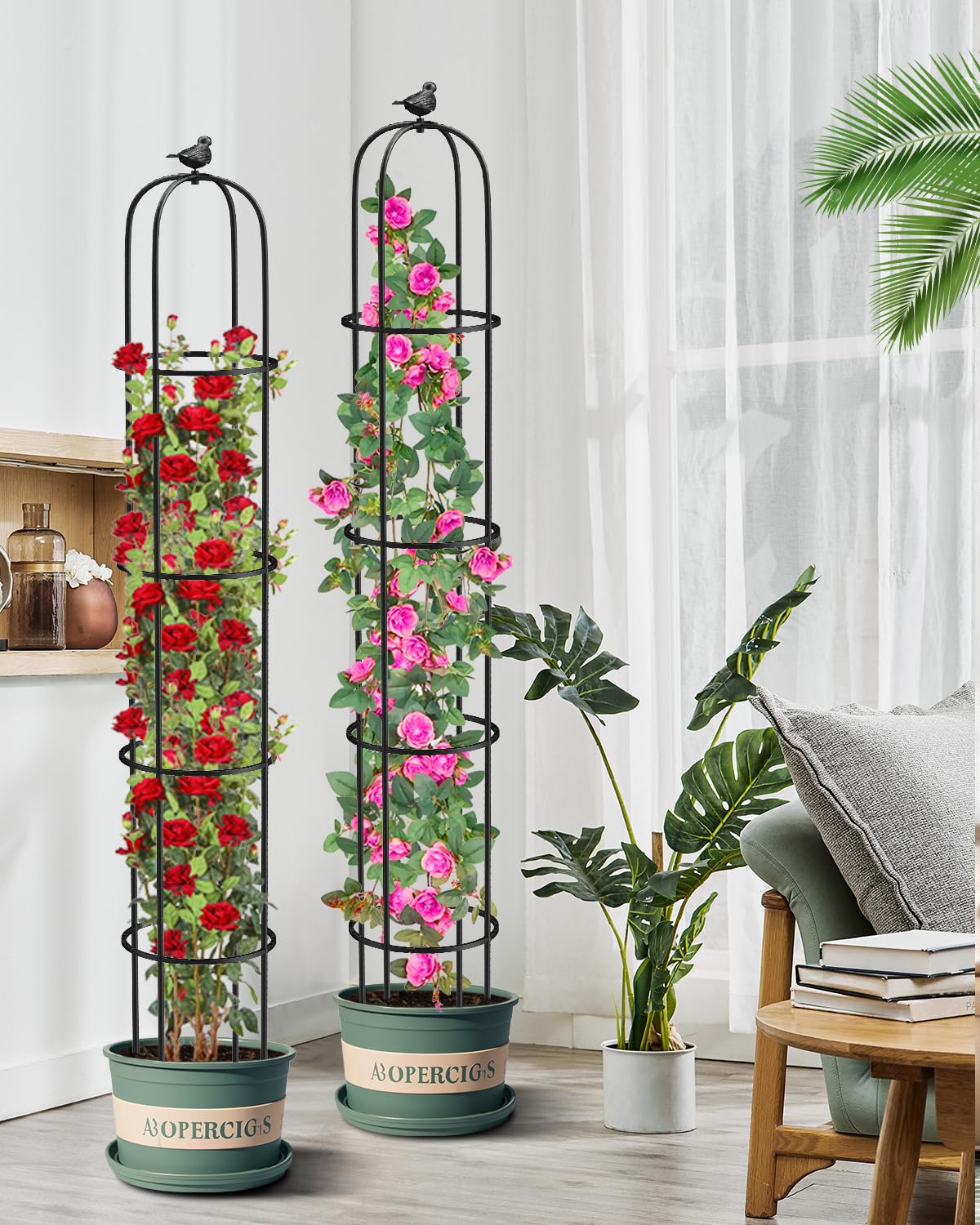 MYMULIKE 6.2ft Garden Trellis for Climbing Plants, Indoor Plant Trellis, Plant Support for Vegetables and Climbing Plants, Tomato Cage for Pots and Raised Garden Bed (1 Pack)
