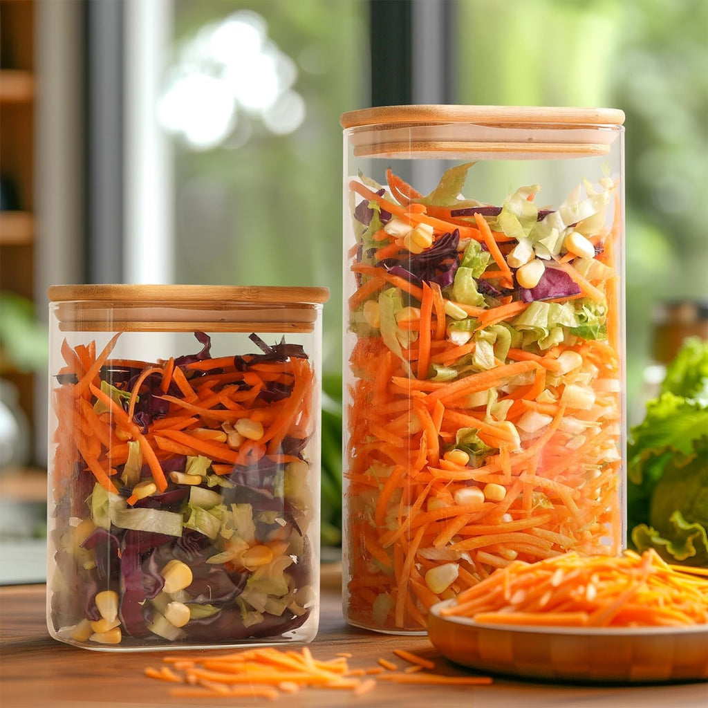ComSaf 1.7L Rectangle Glass Containers with Lids, Glass Jars with Bamboo Lids, Clear Food Storage Jar, Cereal Storage Containers, Pantry Storage for Brown Sugar Pasta Flour Oats Nuts Tea