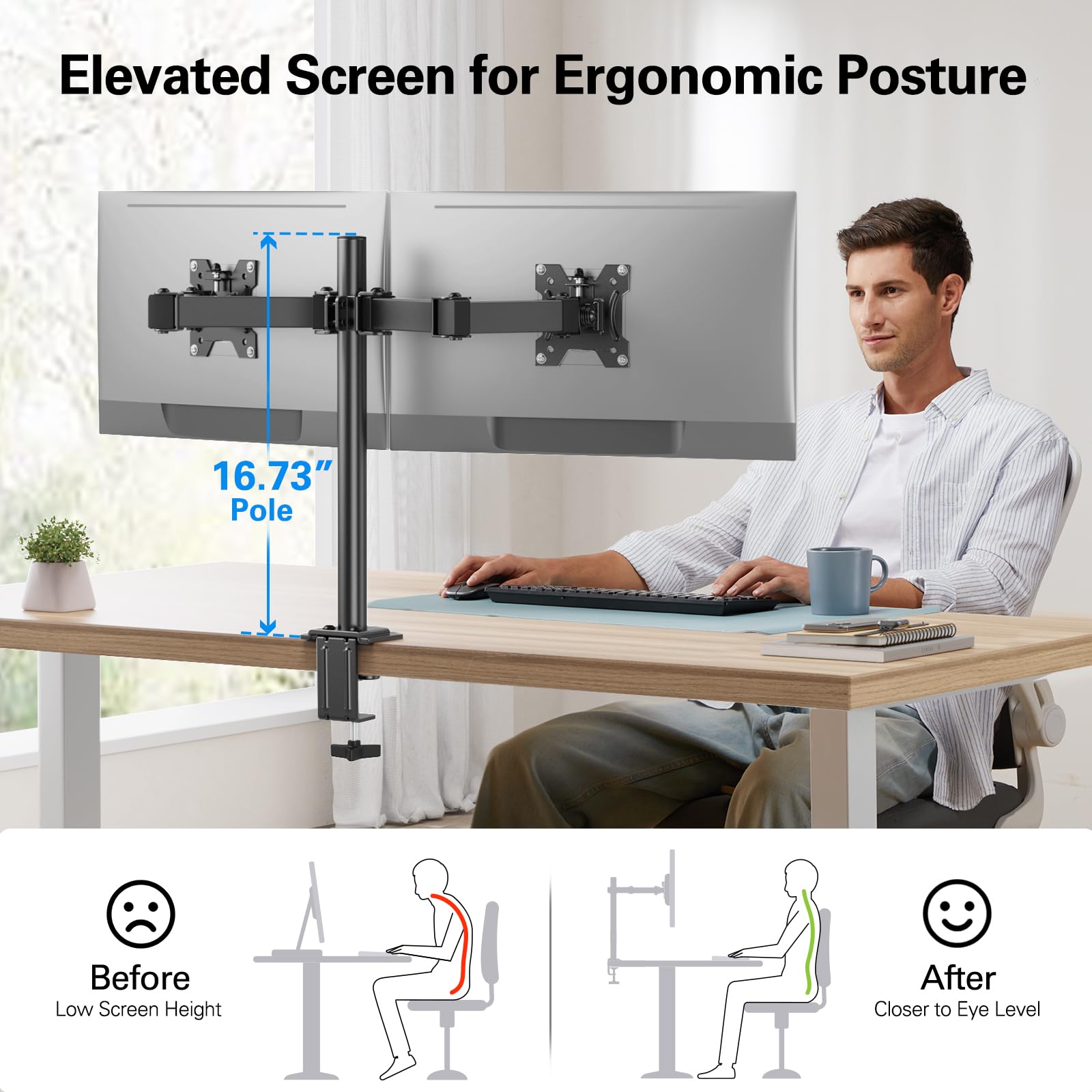 HUANUO Dual Monitor Stand for 13-30 Inch Screens | 22lbs Per Arm| 75x75mm & 100x100mm VESA | C-Clamp & Grommet Mount | Includes Cable Management & USB Support