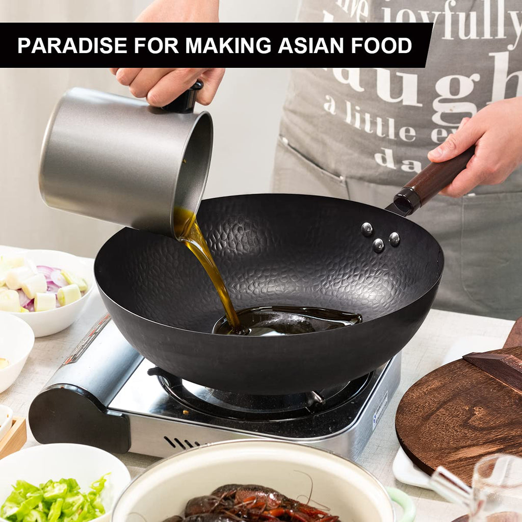 Leidawn 12.8" Carbon Steel Wok - 11Pcs Woks & Stir Fry Pans Wok Pan with Lid, No Chemical Coated Chinese Wok with 10 Cookware Accessories, Flat Bottom Woks for Electric, Induction and Gas Stoves