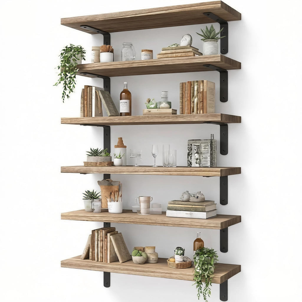 Wood Floating Shelves Set of 6, Shelves for Wall Decor, Farmhouse Shelf for Bedroom, Bathroom Storage Shelves, Book Shelves for Living Room - Rustic Brown