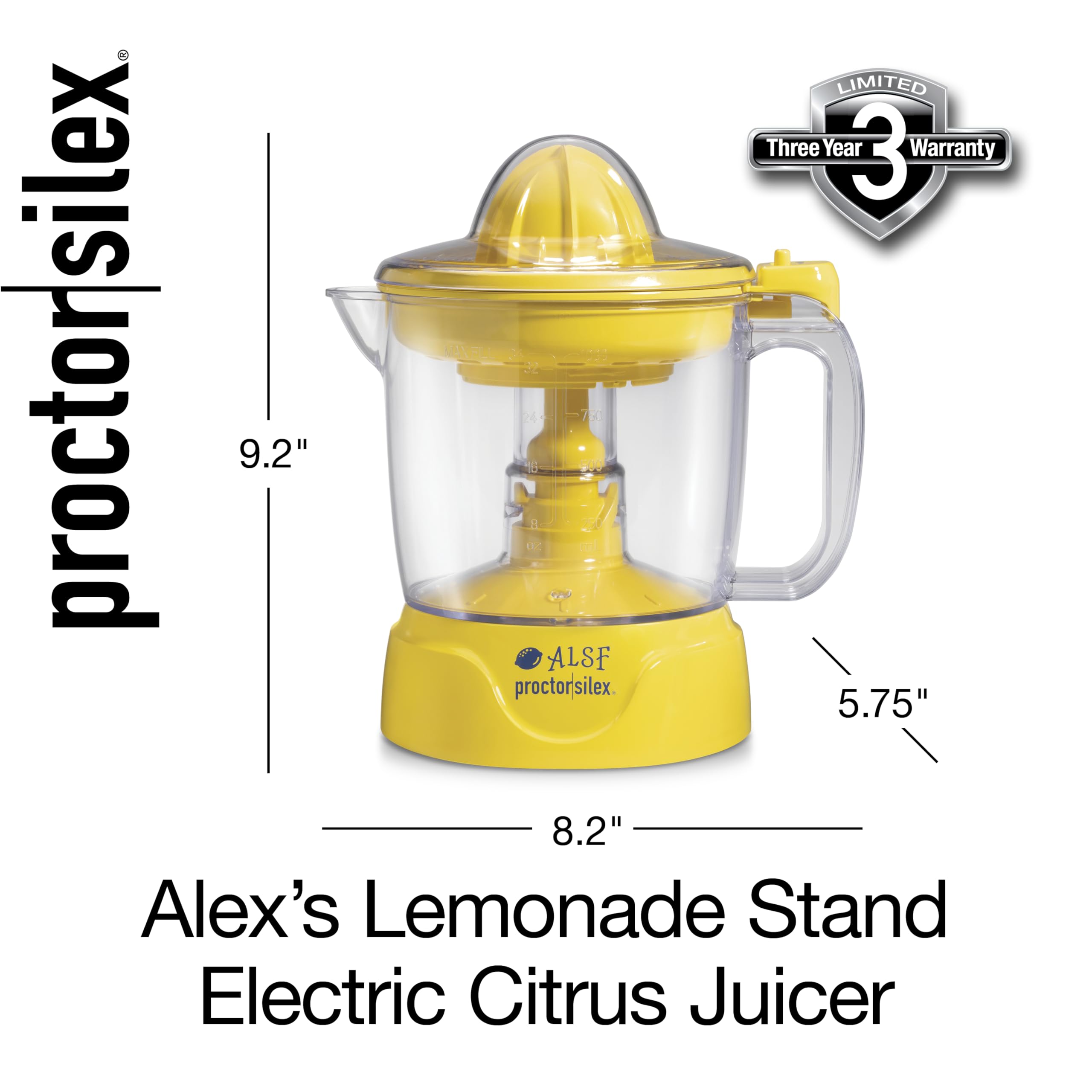 Proctor Silex Alex's Lemonade Stand Electric Citrus Juicer Machine, 34 oz. Pitcher, Pressure Activated, for Lemons, Limes and Oranges, With Reamers, pulp strainer& Lid, 30 Watts, Yellow (66341)