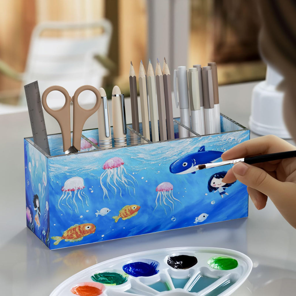 NIUBEE Acrylic Pen Holder 4 Compartments Clear Pencil Organizer for Countertop, Desk, Accessories Storage