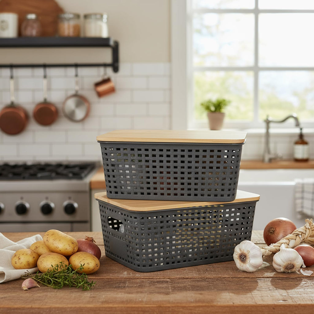 Dewsea Onion and Potato Storage Bins Set, Vegetable Storage Basket, 3 Pack Pantry Storage with Bamboo Lids & Handles for Produce, Fruit, Bread and Snacks