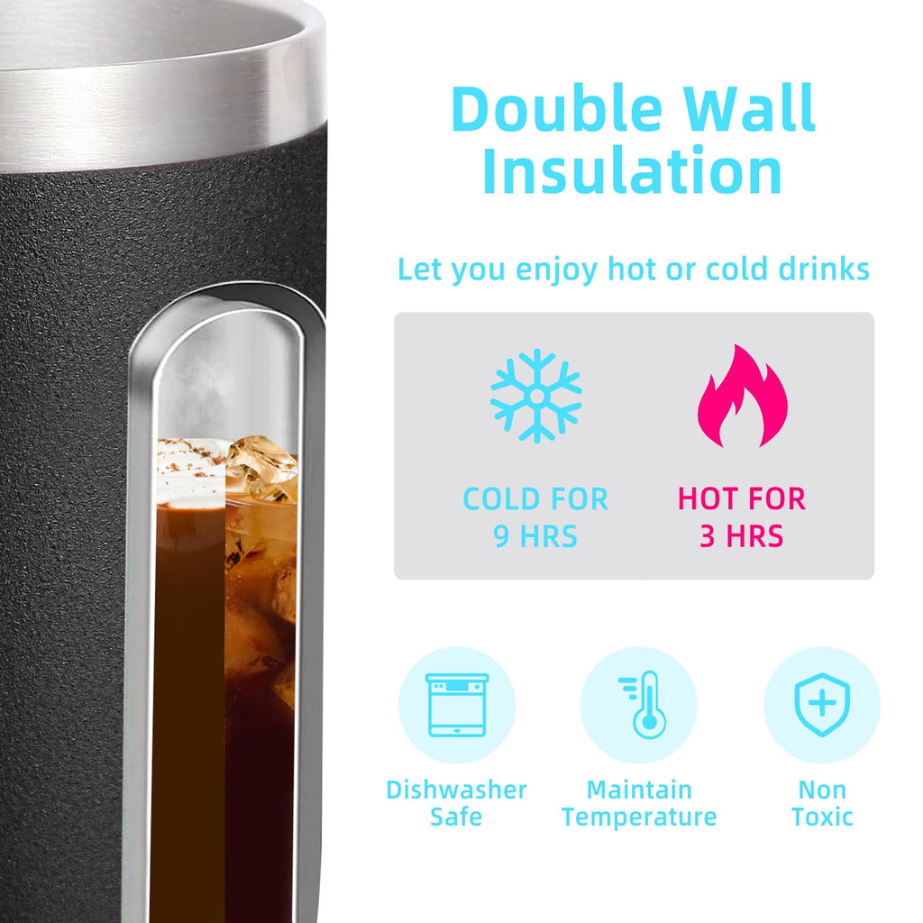 Volhoply 14oz Insulated Stainless Steel Coffee Mug with Lid Bulk 2 Pack,Double Wall Vacuum Travel Coffee Cup with Handle,Reusable Cups Tumbler,Camping Mugs Keep Hot,Christmas Gifts(Black,2 Set)
