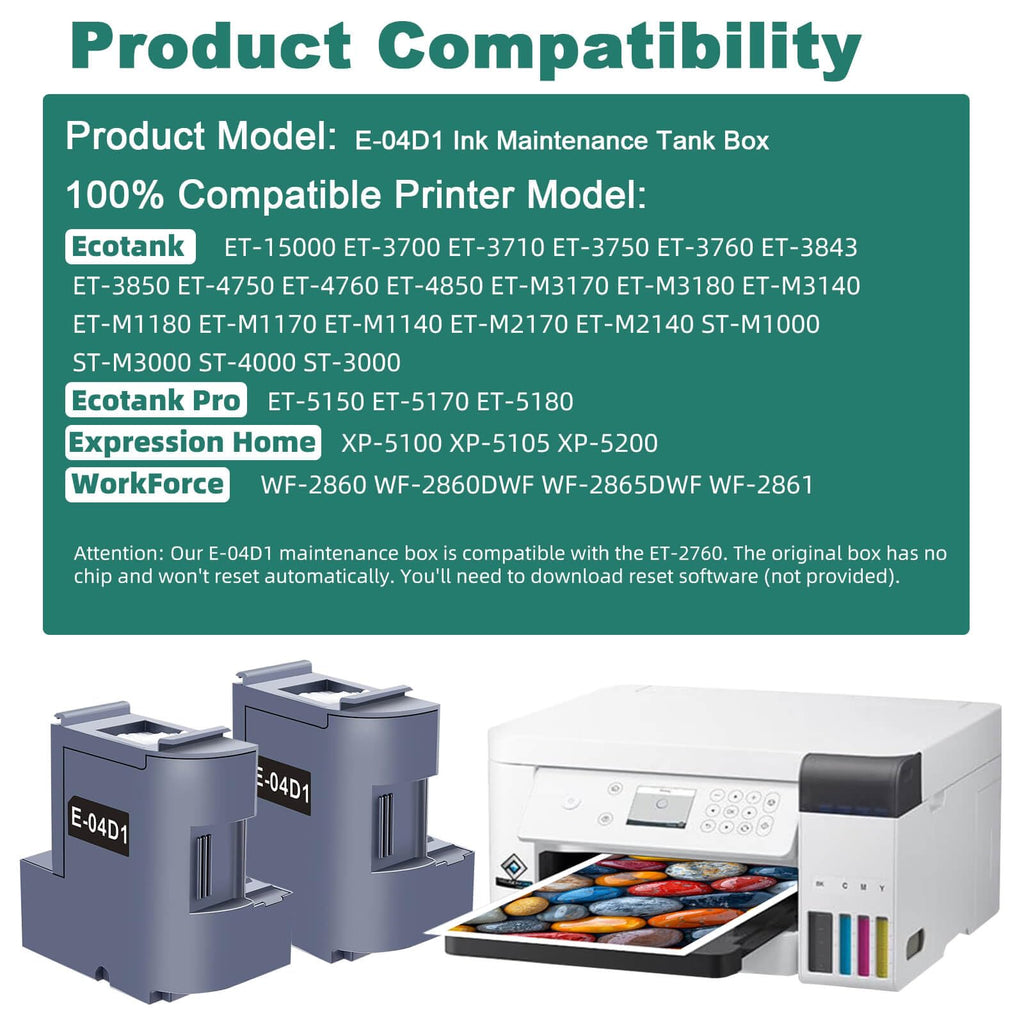 T04D100 T04D1 Ink Maintenance Box Replacement for Epson ET-15000 ET-4750 ET-4850 ET-3760 ET-4760 ET-3850 ET-3750 ET-3710 ET-3830 WF-2860 Printer (E-04D1/ EWMB2/ 04D1 Waste Ink Tank, 2-Pack)