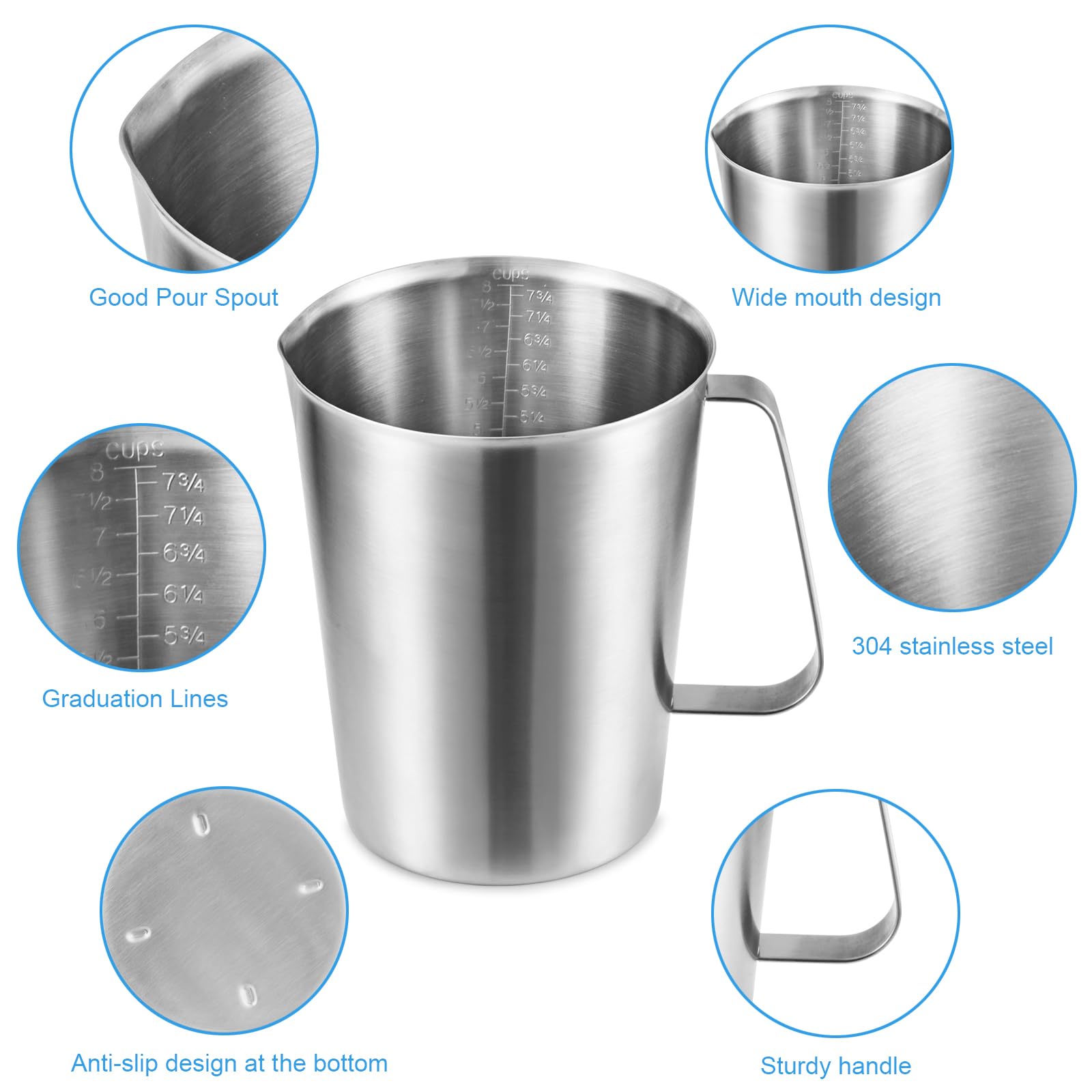 Stainless Measuring Cup (2000ML), KSENDALO 8 Cup Stainless Measuring Cup, Stainless Pitcher with Marking with Handle, 64 Ounces (2.0 Liter)