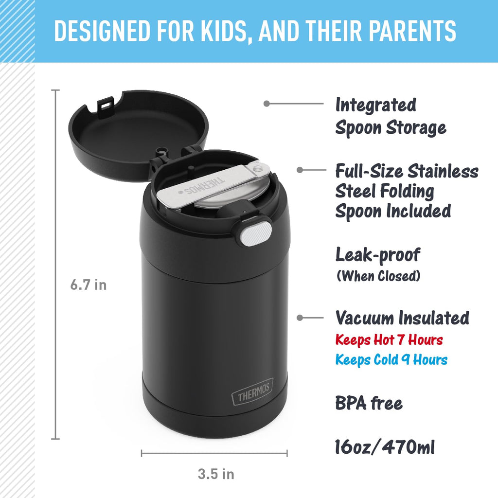 THERMOS FUNTAINER 16 Ounce Stainless Steel Vacuum Insulated Food Jar with Spoon, Matte Black