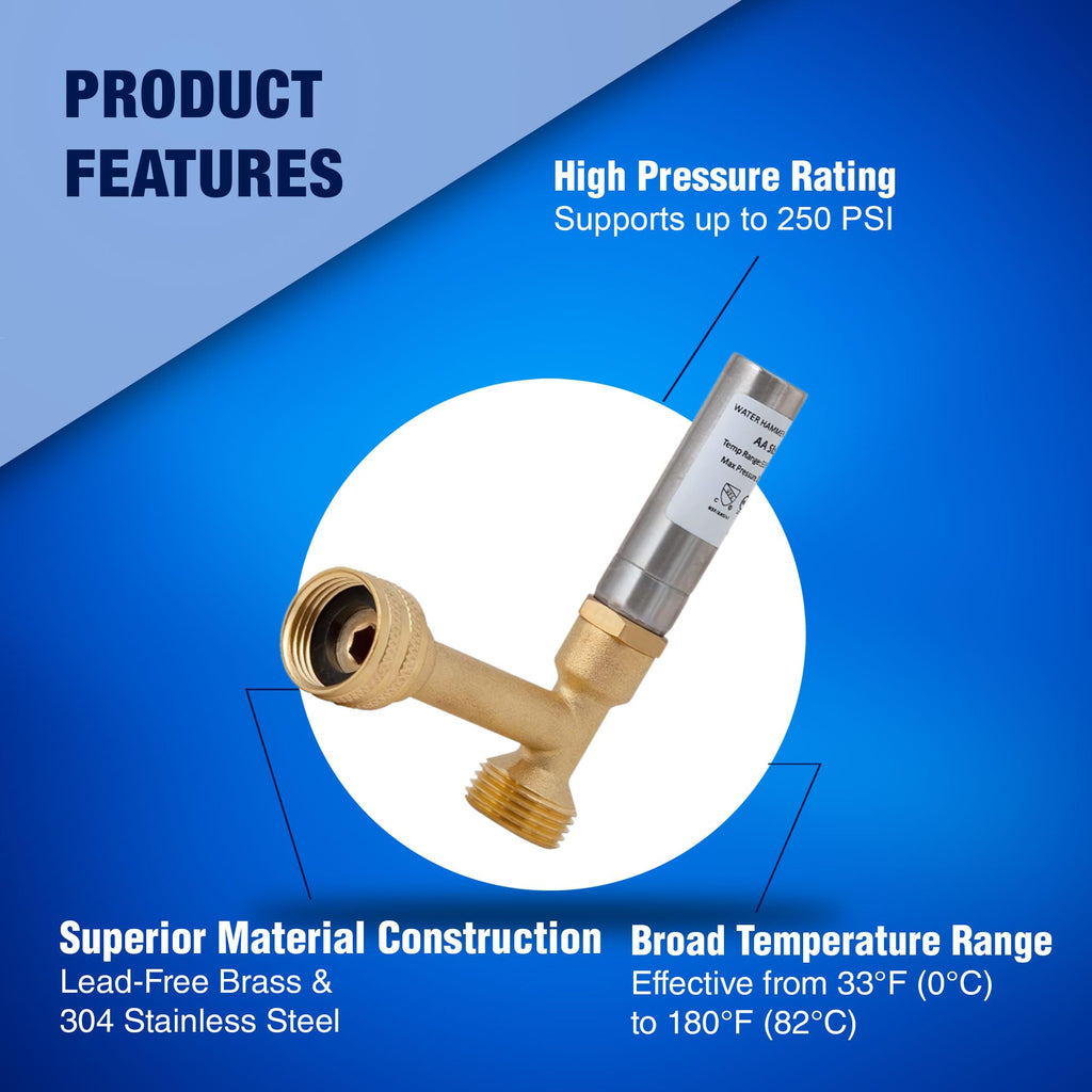 New Age America® AquaFlow 360™ Hammer Arrestor | 2pcs Angle Washing Machine | 3/4" Male GHT & 3/4" Swivel Female GHT | 304 Stainless Steel & Brass