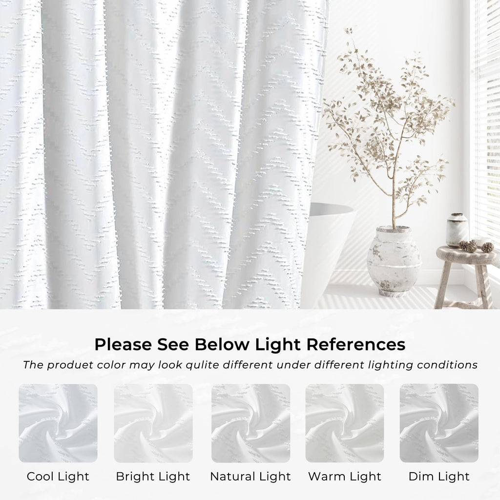 Extra Long Shower Curtains 72 x 84 Inches White Tufted Chevron Striped Fabric Shower Curtains for Bathroom Modern Shabby Chic Waterproof Cloth Shower Curtain Set with Hooks, White