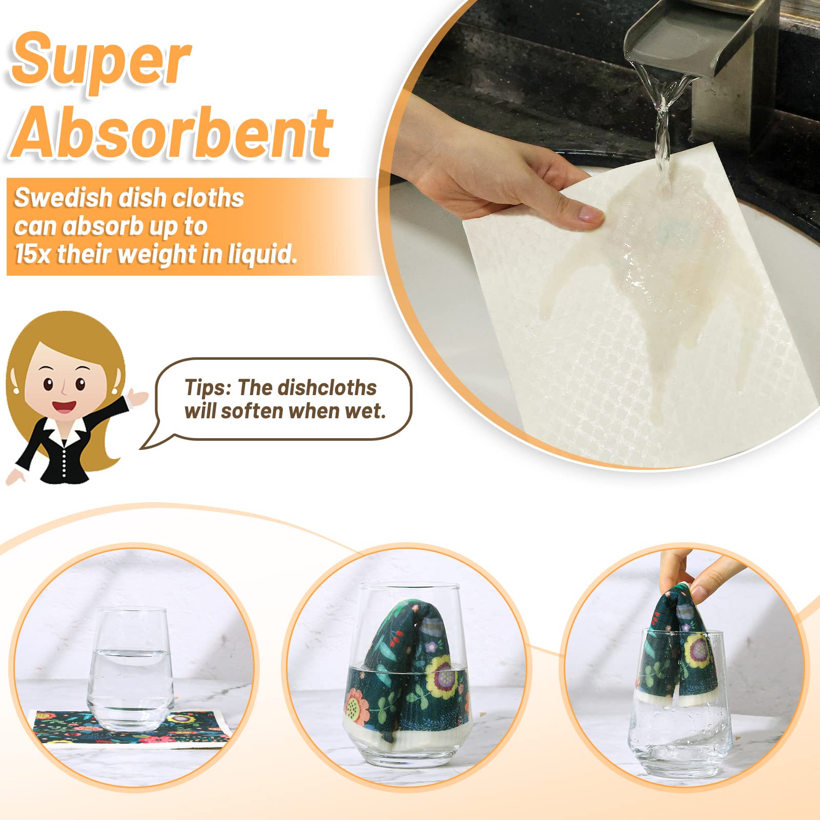 Lucomb 8 Pack Swedish Dishcloths for Kitchen, Reusable Soft Kitchen Towels Swedish Dish Cloths Set Absorbent Sponge Cleaning Cloths Washable Quick Drying for Kitchen Bar Hand Washing (Birds Flowers)