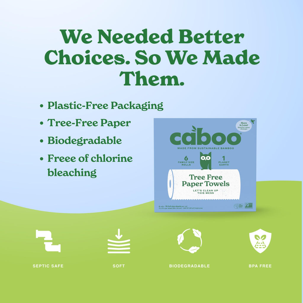 Caboo Tree Free Paper Towels, 6 Rolls, Earth Friendly Sustainable Kitchen Paper Towels with Strong 2 Ply Sheets