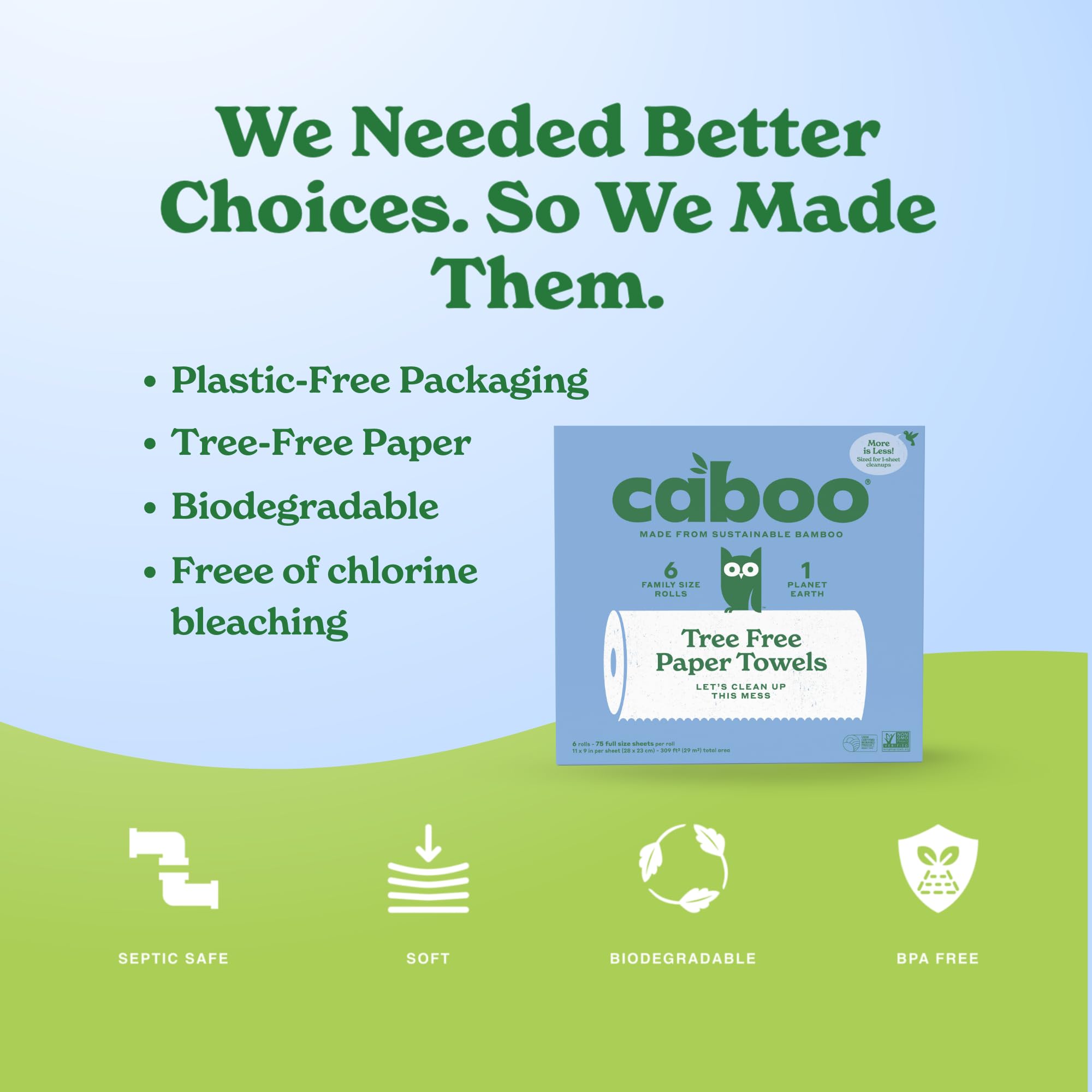 Caboo Tree Free Paper Towels, 6 Rolls, Earth Friendly Sustainable Kitchen Paper Towels with Strong 2 Ply Sheets