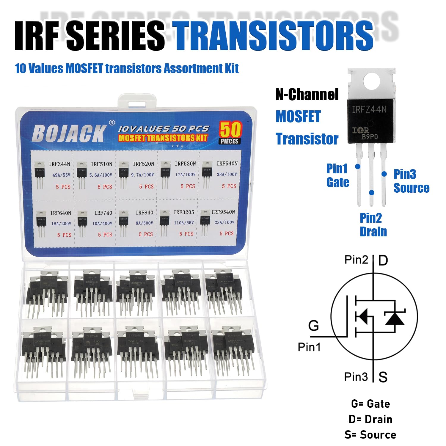 BOJACK 10 Values 50 Pcs IRFZ44N IRF510N IRF530N IRF540N IRF640N IRF740 IRF840 IRF3205 IRF9540 IRF Series transistors MOSFET Assortment Kit