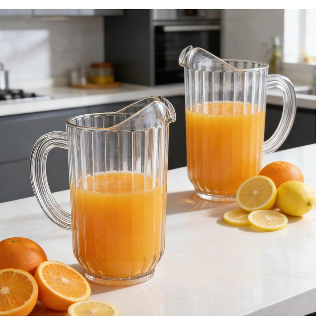 Cedilis Set of 2 Plastic Pitcher, Clear Beer Pitcher with Spout, 60 and 47 Ounce Durable Restaurant Pitcher, Water Carafe Jug for Parties, Beverage Pitcher for Soda, Lemonade, Juice, or Sangria