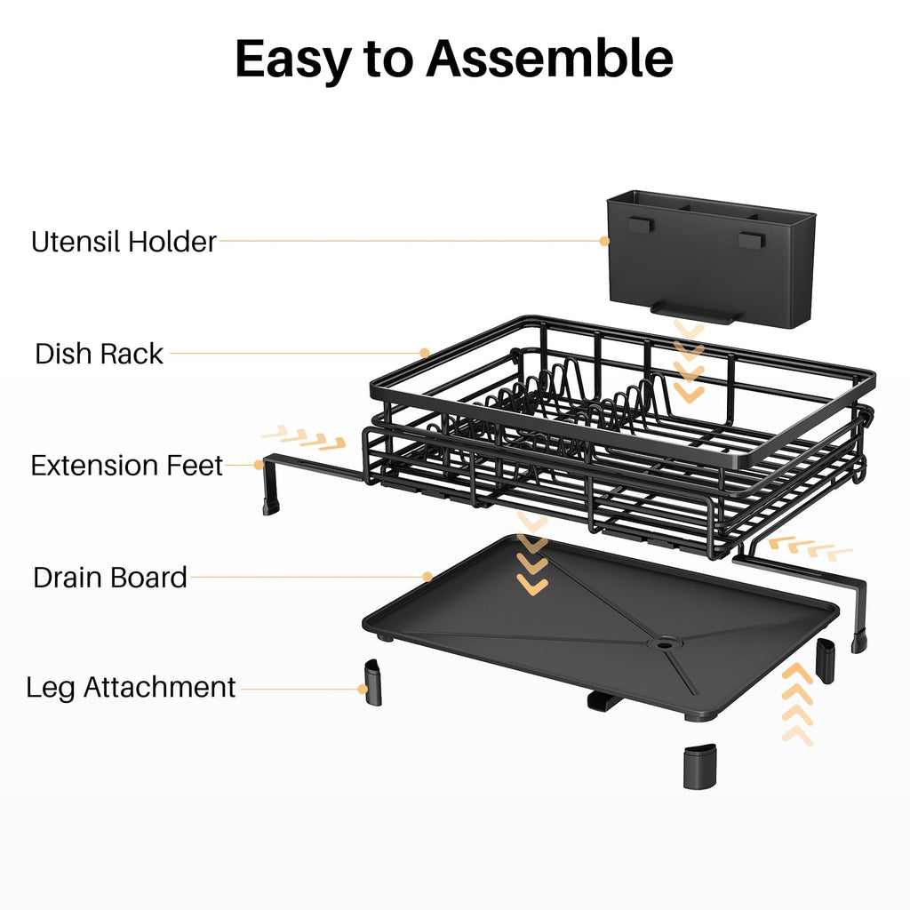 Dish Drying Rack - Extendable Dish Rack, Large Sink Drying Dish Drainer for Kitchen Counter, Stainless Steel Dish Strainer with Utensil Holder (Black)