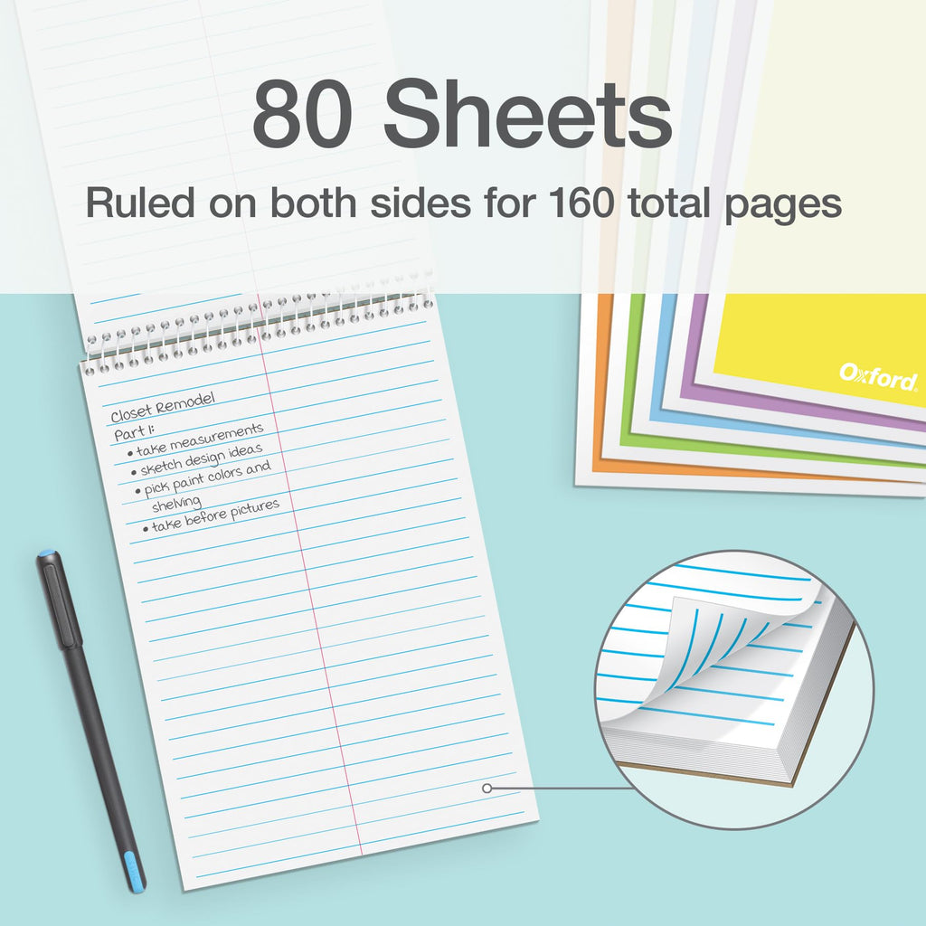 Oxford Steno Spiral Notebooks, Top Bound Steno Pads, 6x9 Inches, Gregg Ruled for Lists, White Paper, Asst. Pastel Covers, 80 Sheets, 6 Pack (1007112)