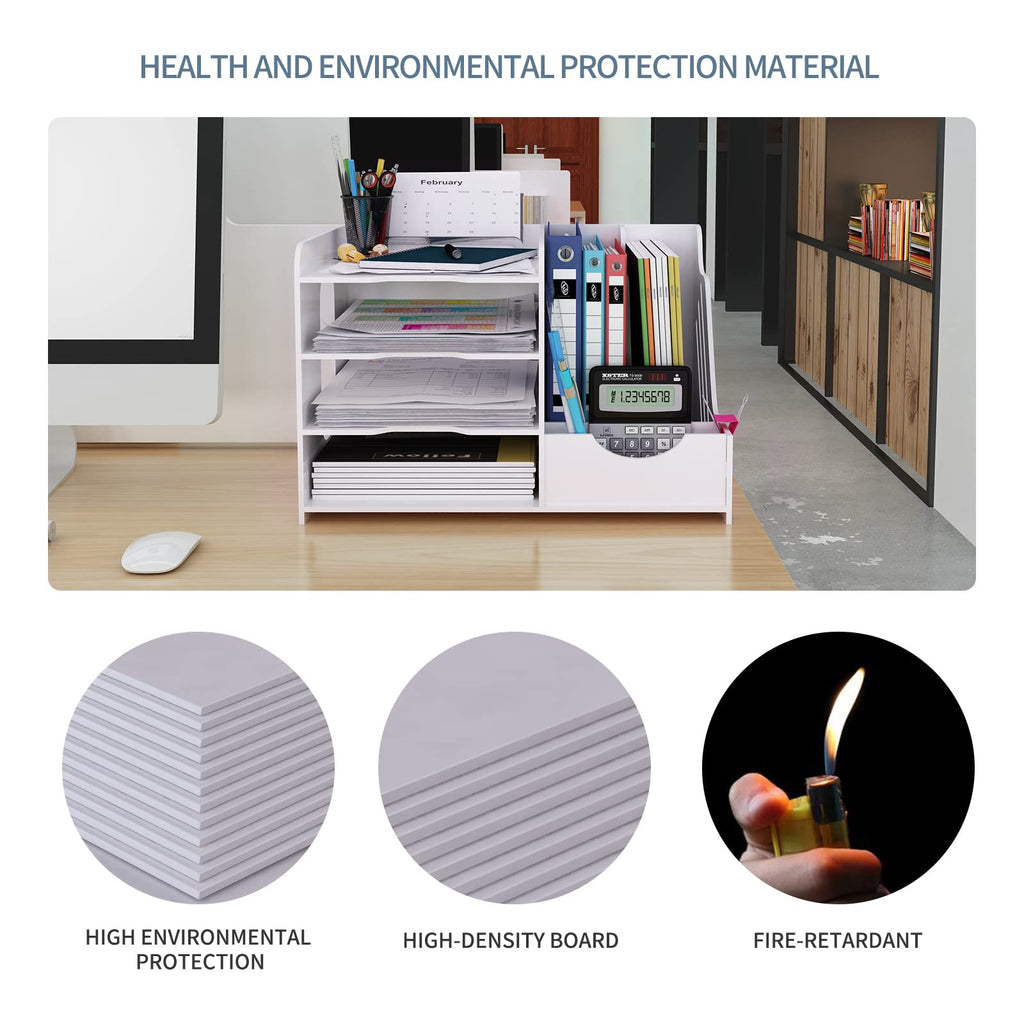 Natwind 4-Tier Office White Desktop Organizer Paper File Rack with Vertical Horizontal File Holder All in One Supplies Storage Box Mail Sorter on Desk Tabletop Binder Folder Letter Trays Study Home