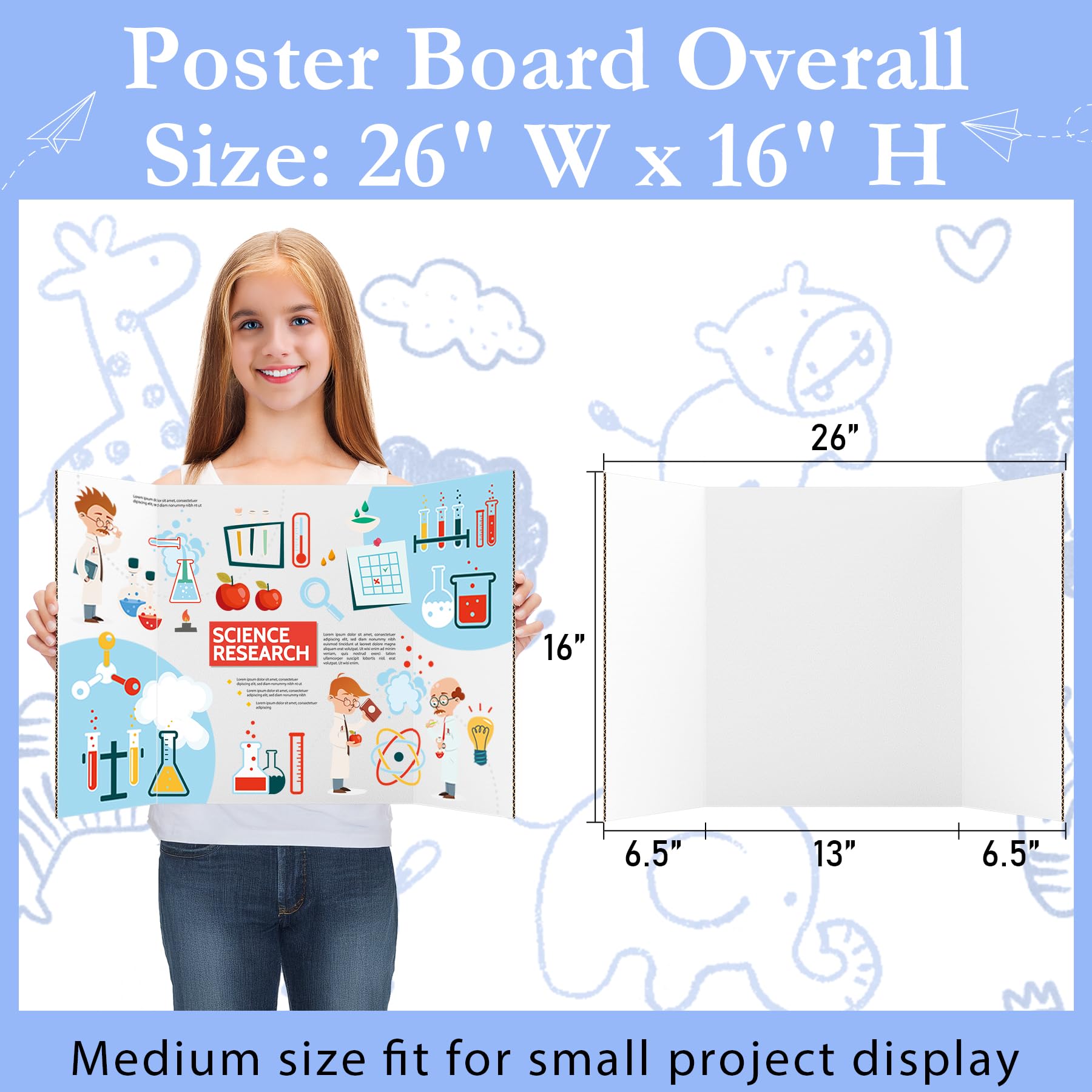 AKONEGE 6 Pack Medium Trifold Poster Board, 26" x 16" White Corrugated Cardboard Tri Fold Poster Boards for Presentation, School Projects, Science Fair, Photo Display Exhibitions Event