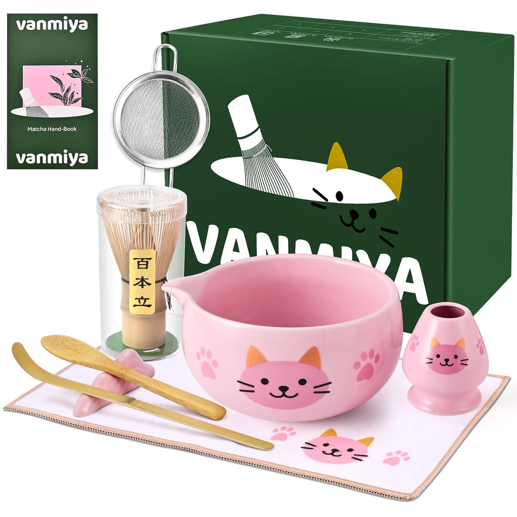 Vanmiya Matcha Whisk Set, 8Pcs Matcha Set for Ceremony, Matcha Kit, Matcha Whisk and Ceramic Bowl with Matcha Scoop & Sifter and All Accessories for Breakfast, Afternoon Tea, Gift for Matcha Lovers