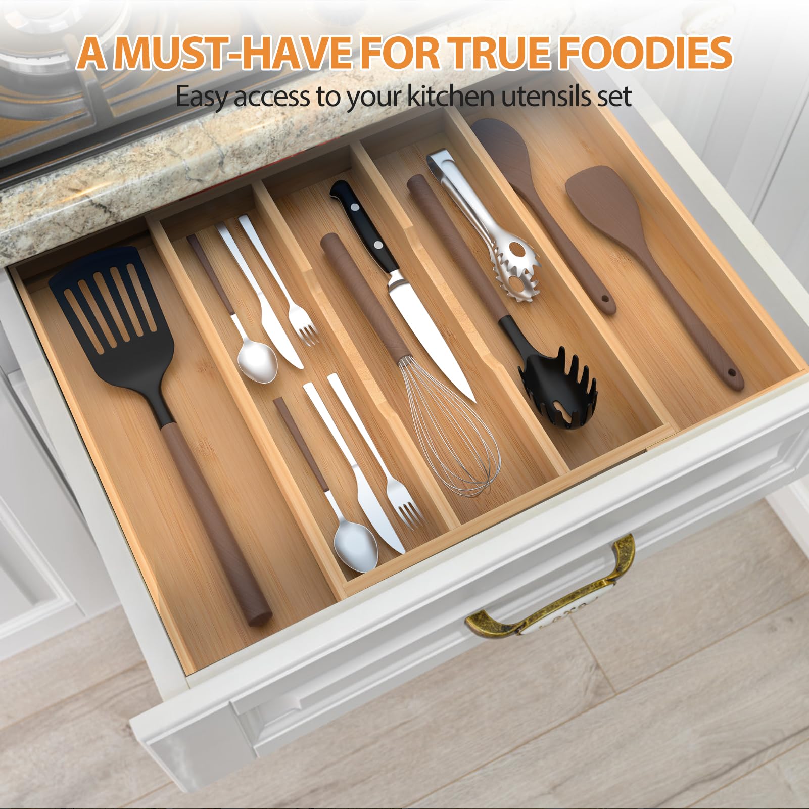 FoverOne Bamboo Expandable Kitchen Drawer Organizer, 13" to 23" Adjustable Utensils and Cutlery Tray, Wood Drawer Organizer for Silverware Flatware
