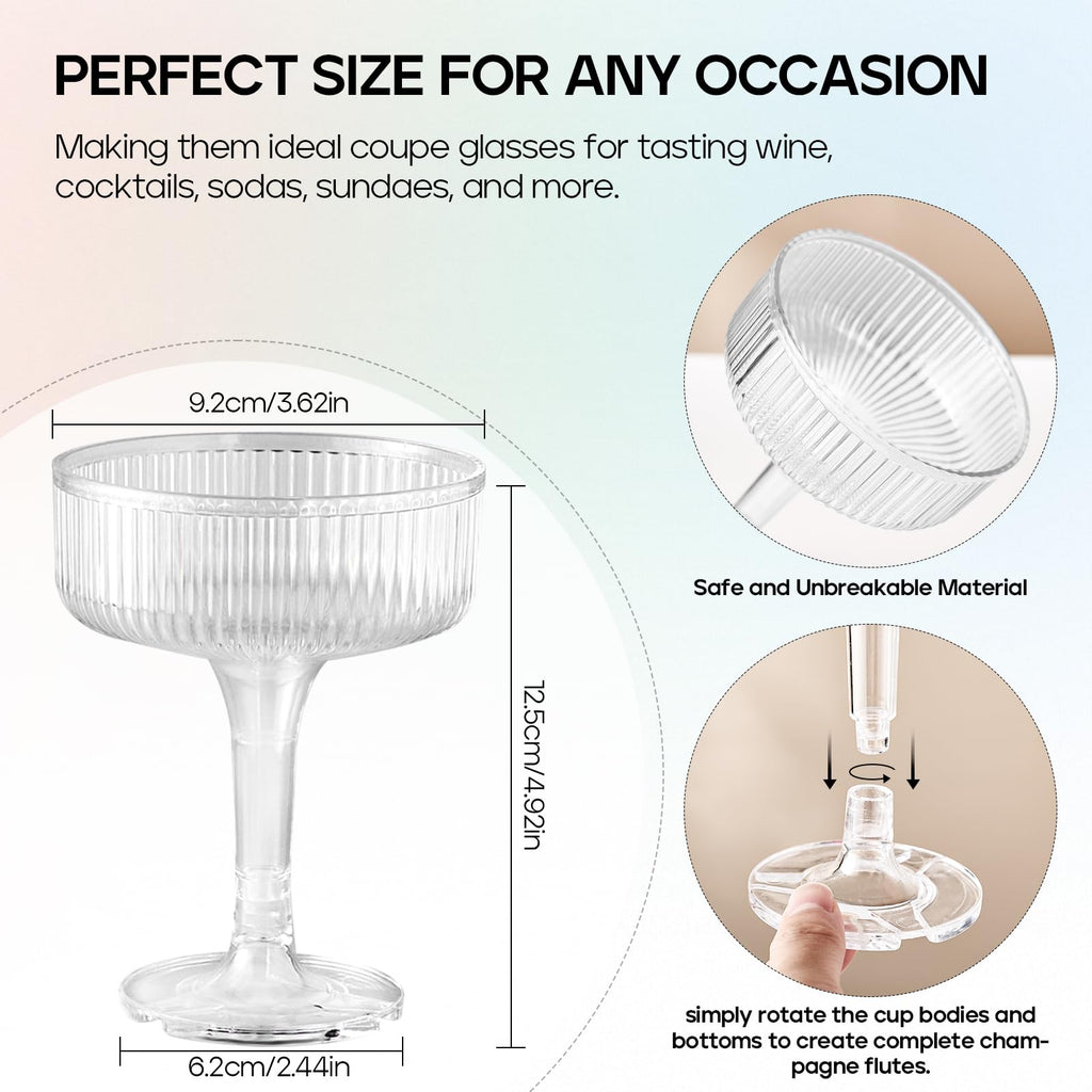 DORONAN 20 Pack Plastic Champagne Tower, 7oz Champagne Coupe Unbreakable Plastic Cocktail Glasses Acrylic Martini Glasses for Wedding Birthday Party Bar, Clear
