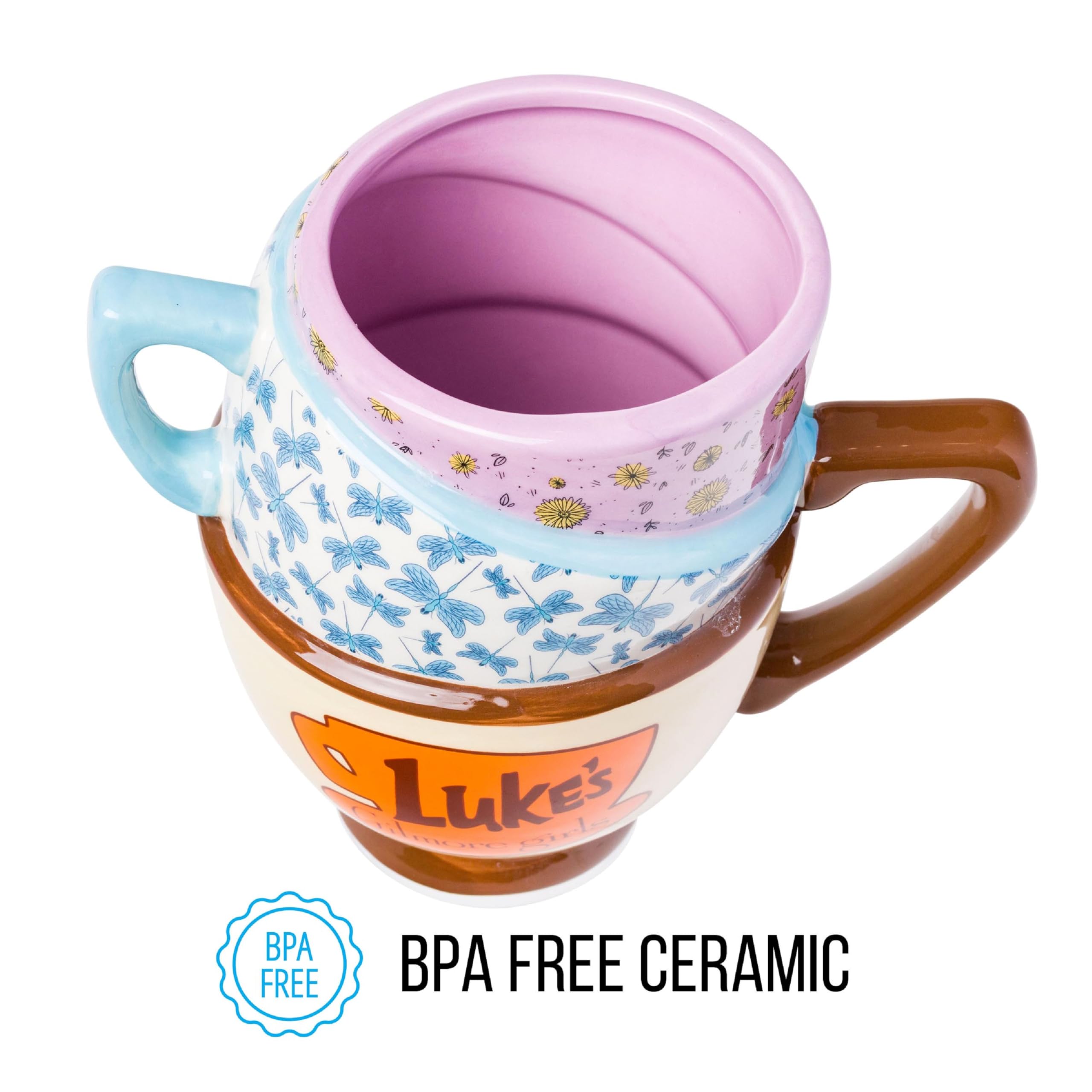 Silver Buffalo Gilmore Girls Stars Hollow Destination Locations: Luke’s Diner, Doose’s Market, and Dragonfly Inn Ceramic 3D Sculpted Stacked Teacup Mug, 20 Ounces