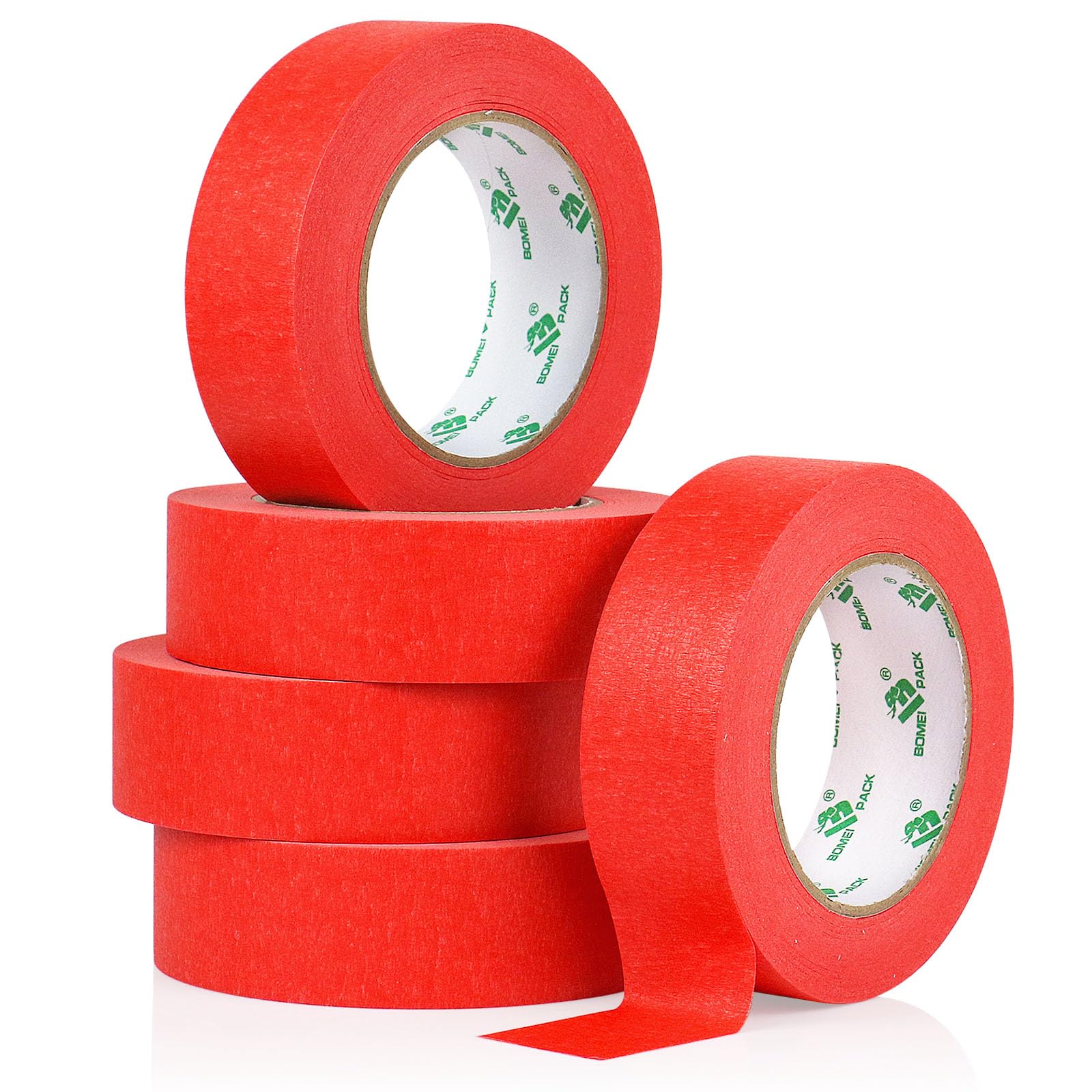 BOMEI PACK 5Rolls Red Masking Tape 36mm x 55yds, General Purpose Red Painters Tape for Painting, Labeling, DIY Crafting, Decoration and School Projects, Total 275yds