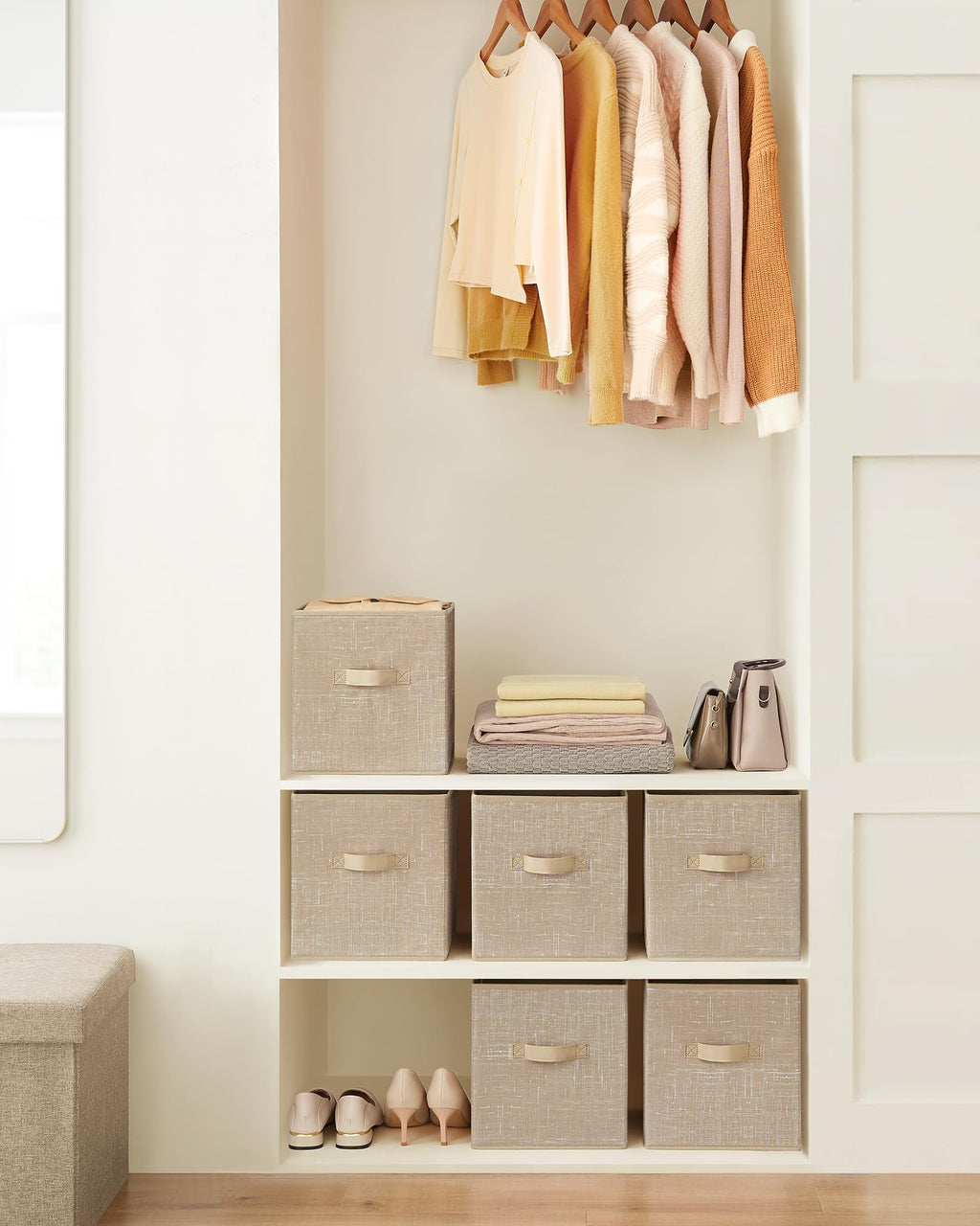 SONGMICS Storage Cubes, 28 cm Non-Woven Fabric Bins with Double Handles, Set of 6, Closet Organizers for Shelves, Foldable, for Clothes, Sand Beige UROB026K03