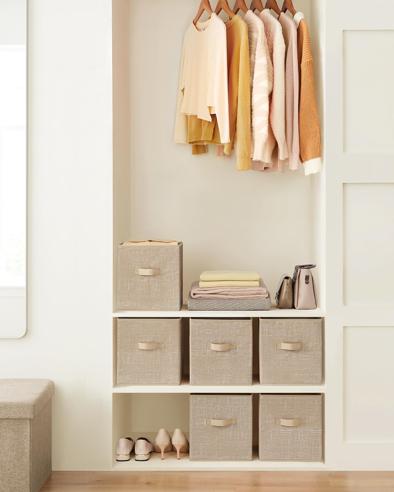 SONGMICS Storage Cubes, 28 cm Non-Woven Fabric Bins with Double Handles, Set of 6, Closet Organizers for Shelves, Foldable, for Clothes, Sand Beige UROB026K03
