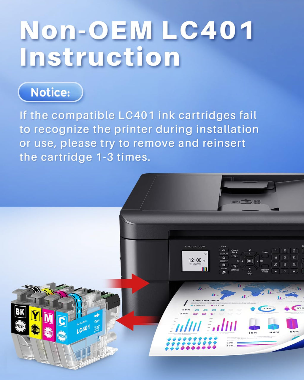 INK4U Compatible LC401 LC-401 Ink Cartridges Replacement for Brother LC401 Ink Cartridges for Brother Printer MFC-J1010DW, MFC-J1012DW, MFC-J1170DW Printer (Black Cyan Magenta Yellow, 4 Pack)