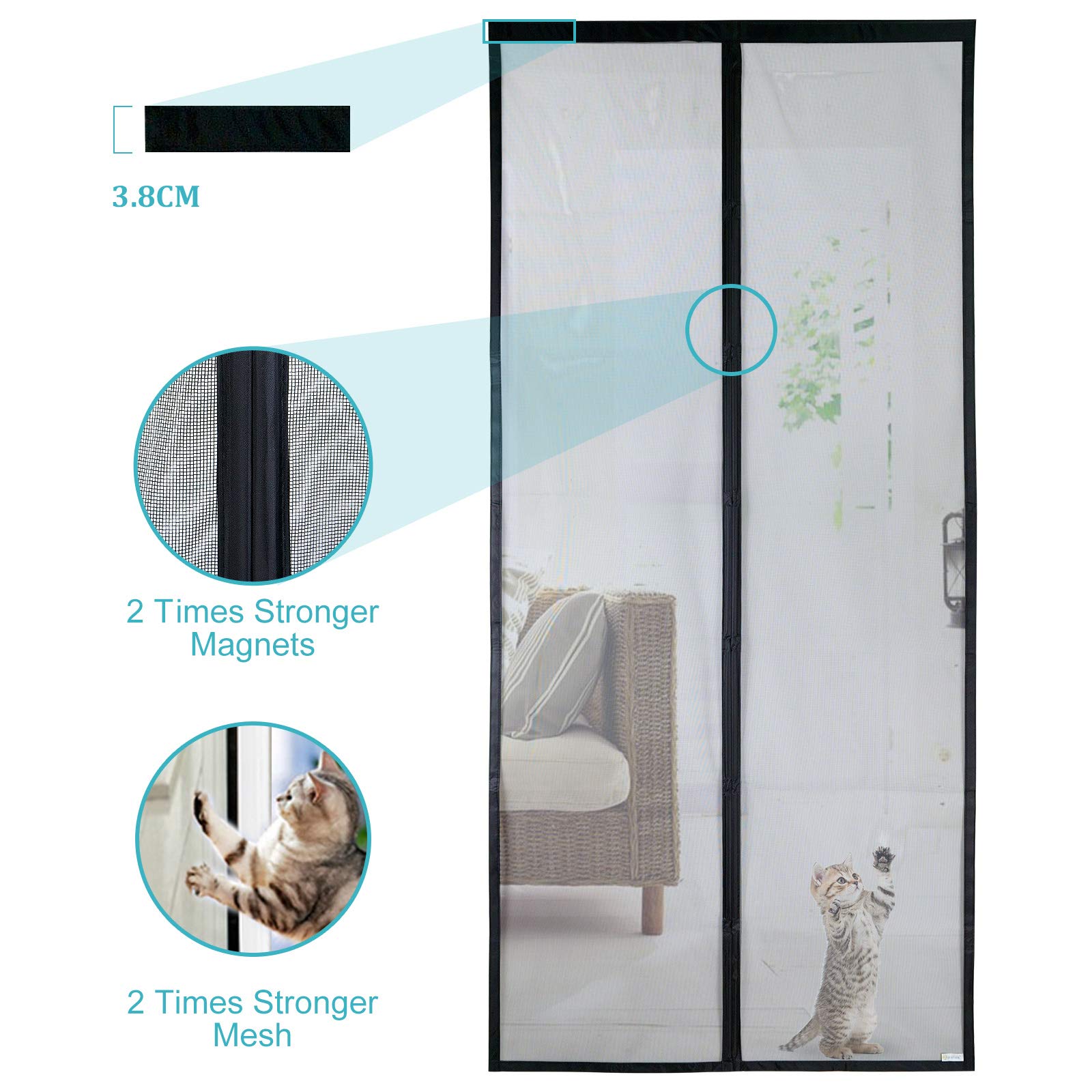 Apalus VP Magnetic Screen Door Deluxe Version Heavy Duty Mesh Curtain, Strong Magnets,Top-to-Bottom Seal Snaps Shuts Automatically(36x38 inch )